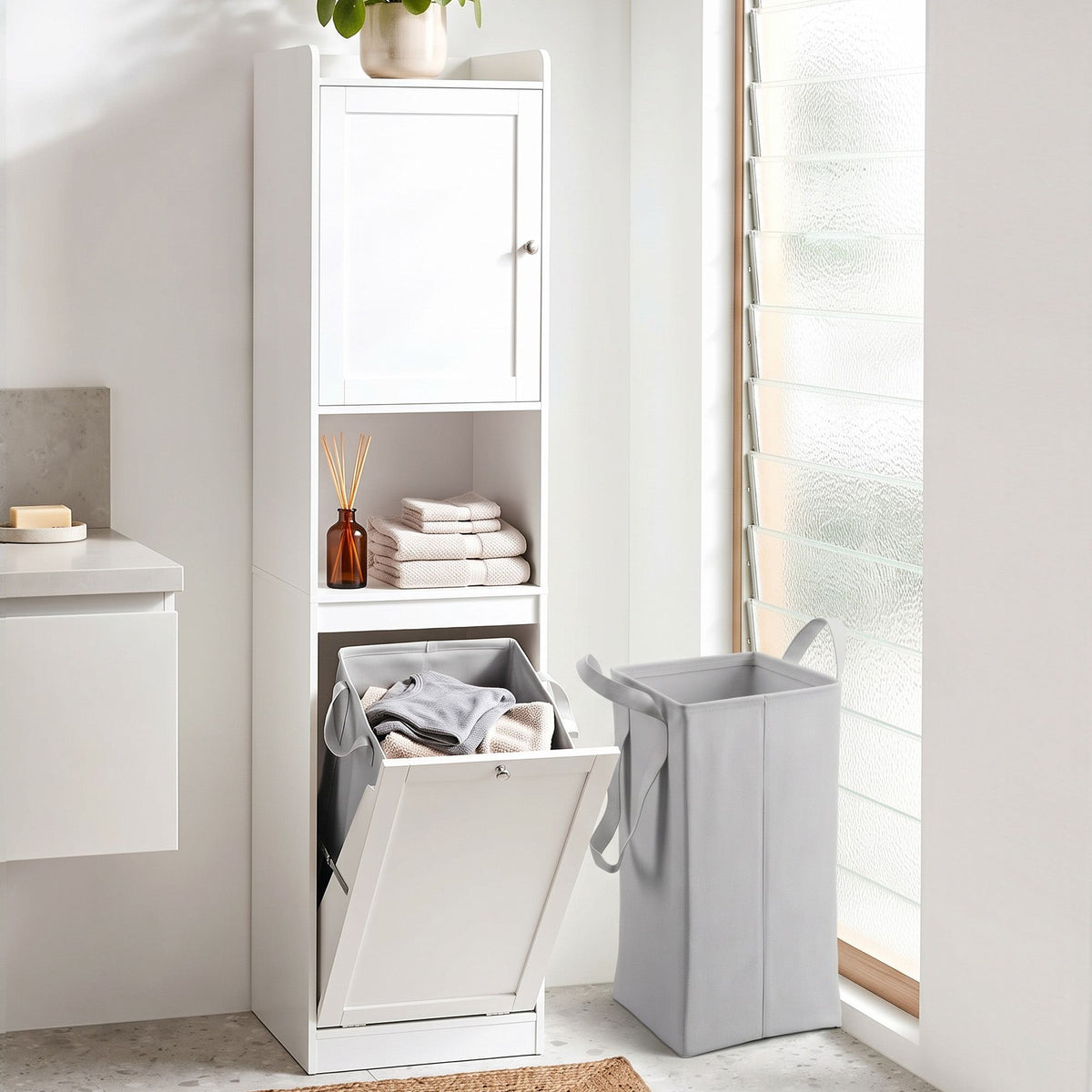 Tall Bathroom Storage Cabinet with Tilt-Out Laundry Hamper 170cm - White