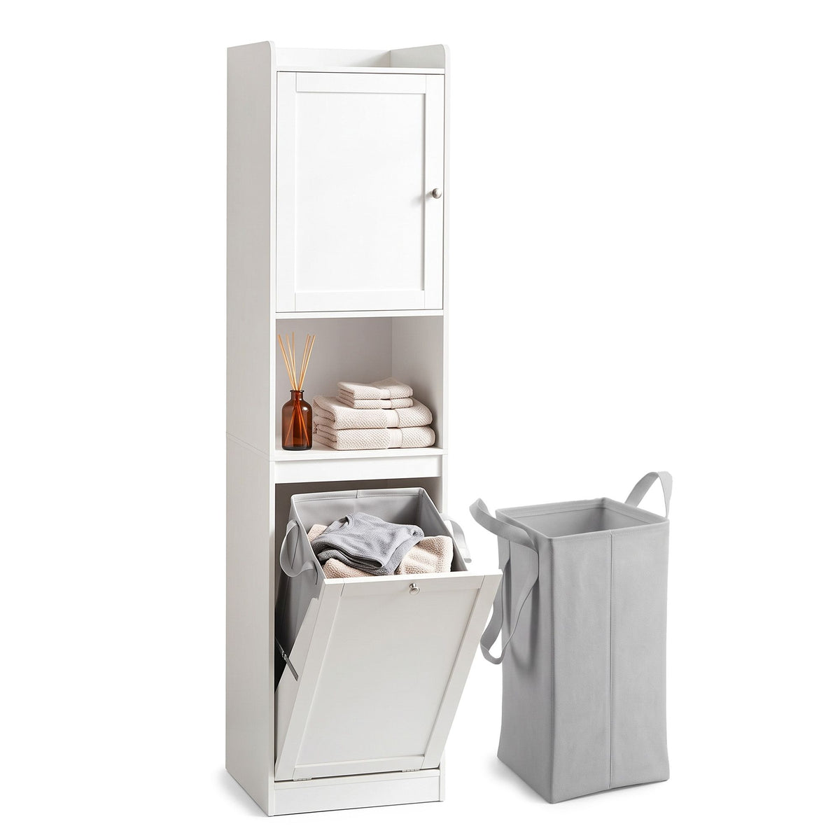 Tall Bathroom Storage Cabinet with Tilt-Out Laundry Hamper 170cm - White