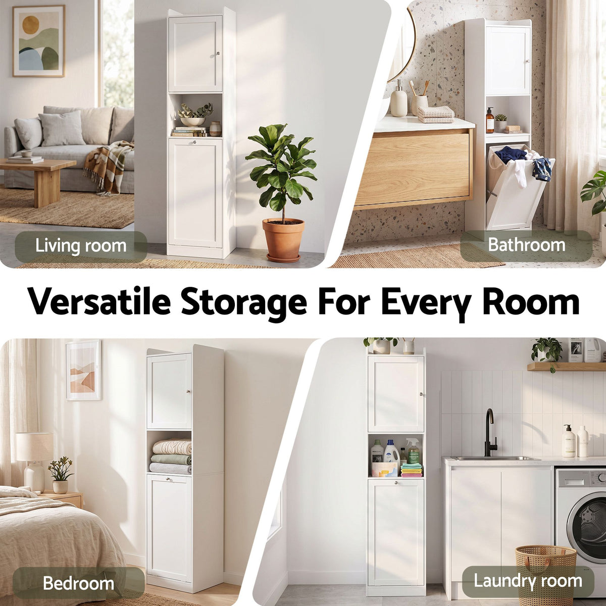 Tall Bathroom Storage Cabinet with Tilt-Out Laundry Hamper 170cm - White