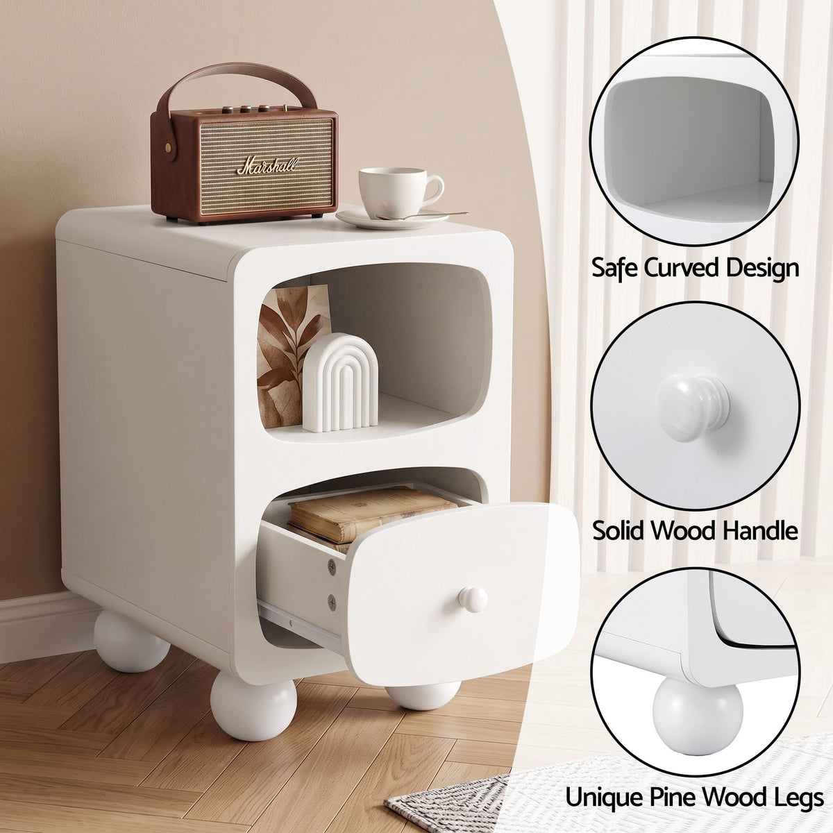 Bedside Table with Storage Drawer and Pine Wood Legs - White
