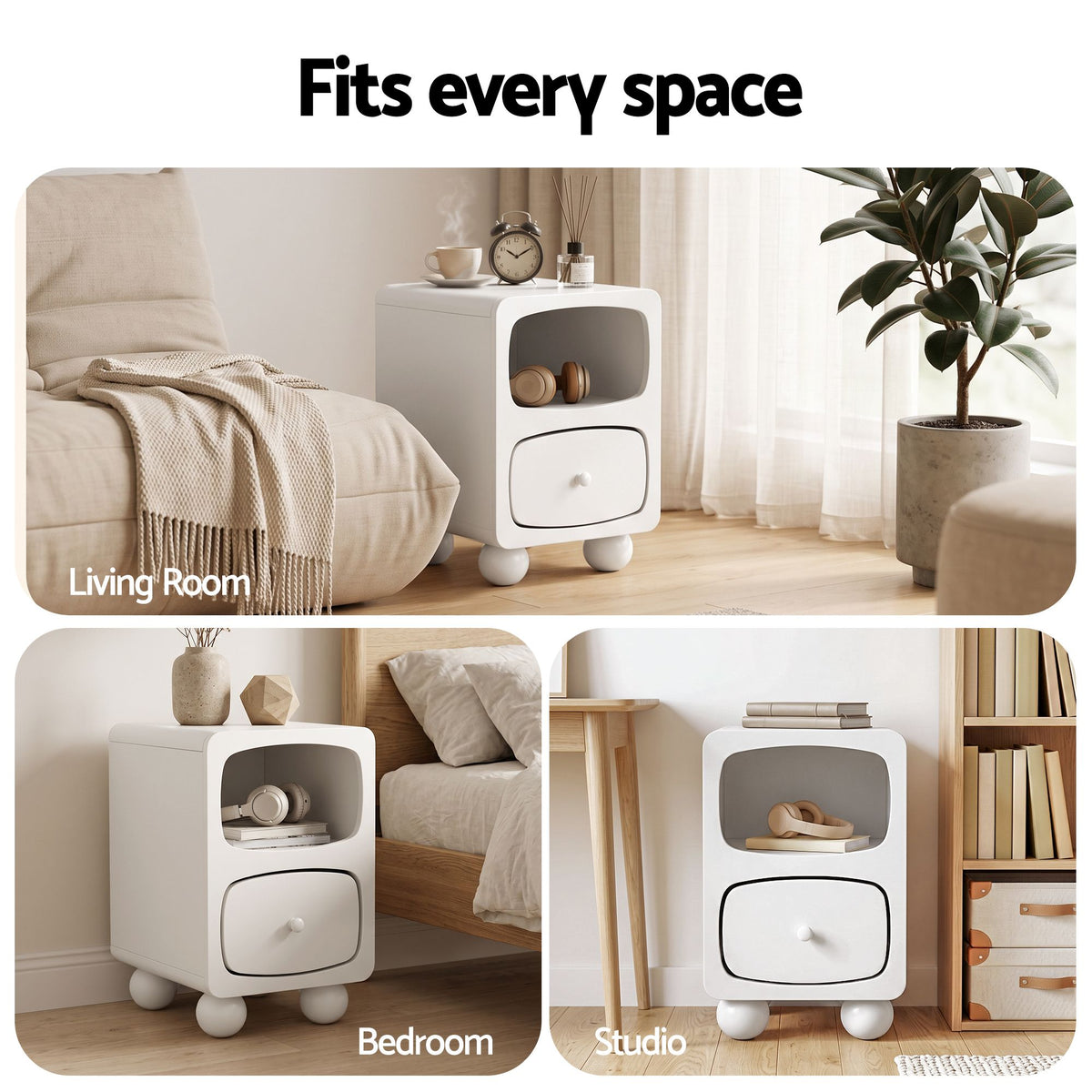 Bedside Table with Storage Drawer and Pine Wood Legs - White