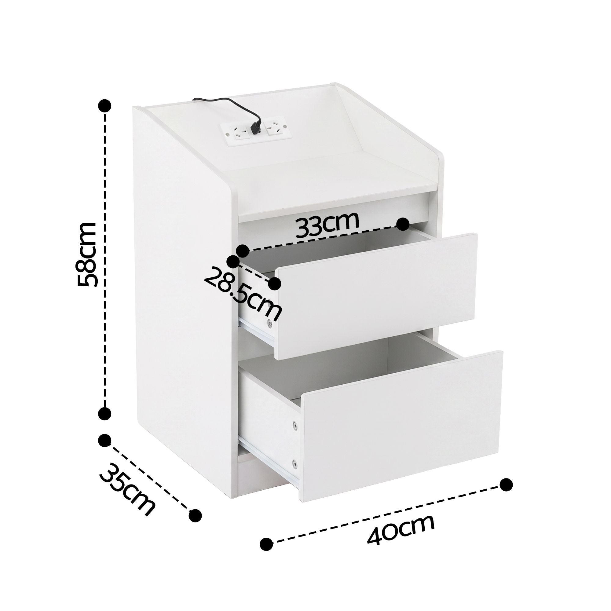 Bedside Table Nightstand with Charging Station 2 Drawers LED White