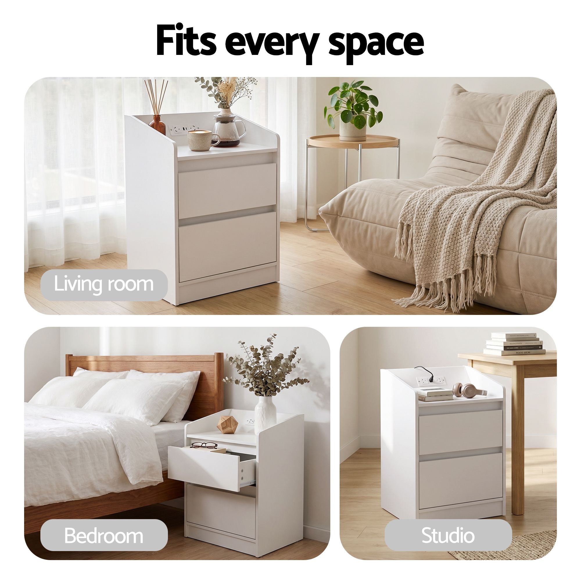 Bedside Table Nightstand with Charging Station 2 Drawers LED White