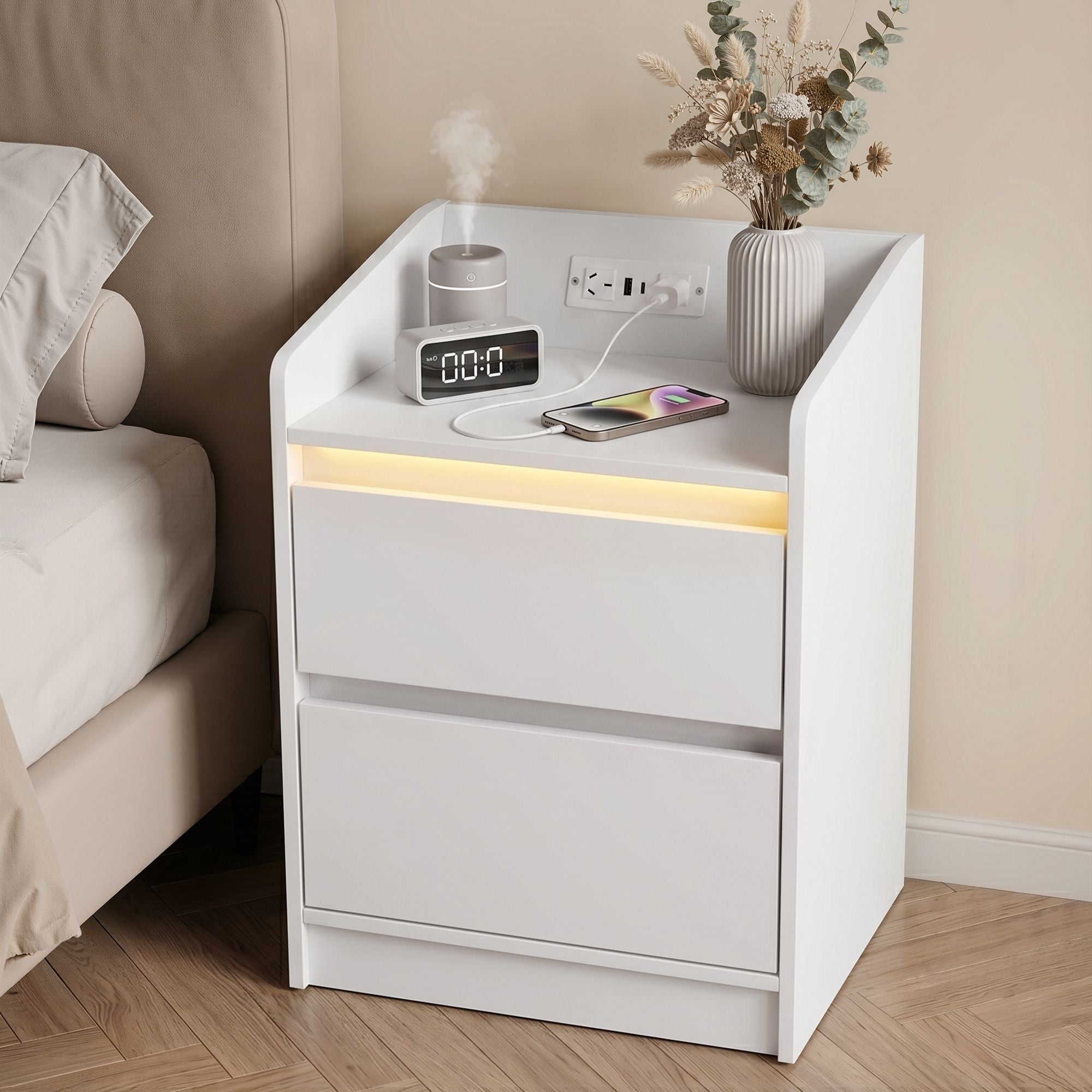 Bedside Table Nightstand with Charging Station 2 Drawers LED White