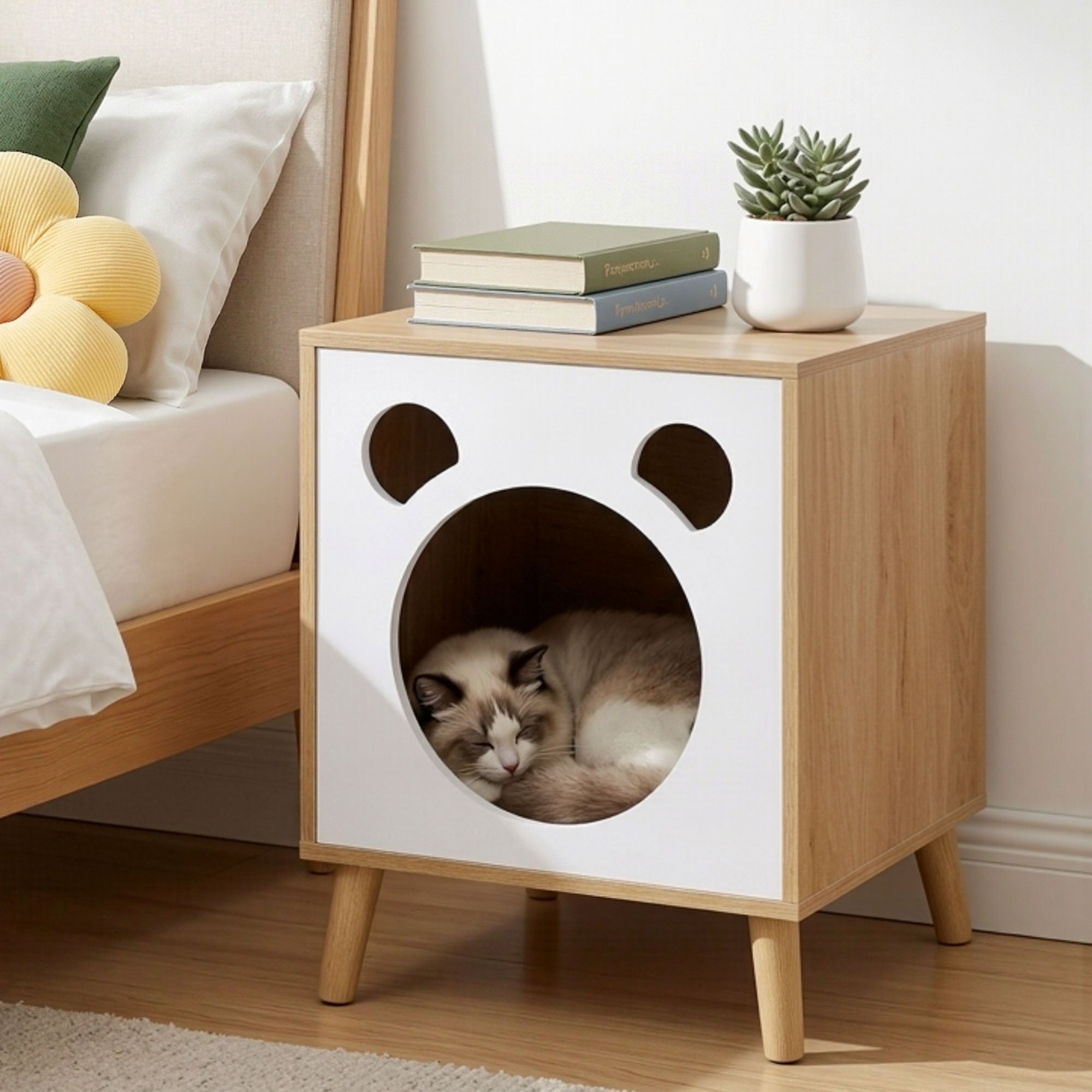 Cat Nest Bedside Table Solid Wood - Pine & White