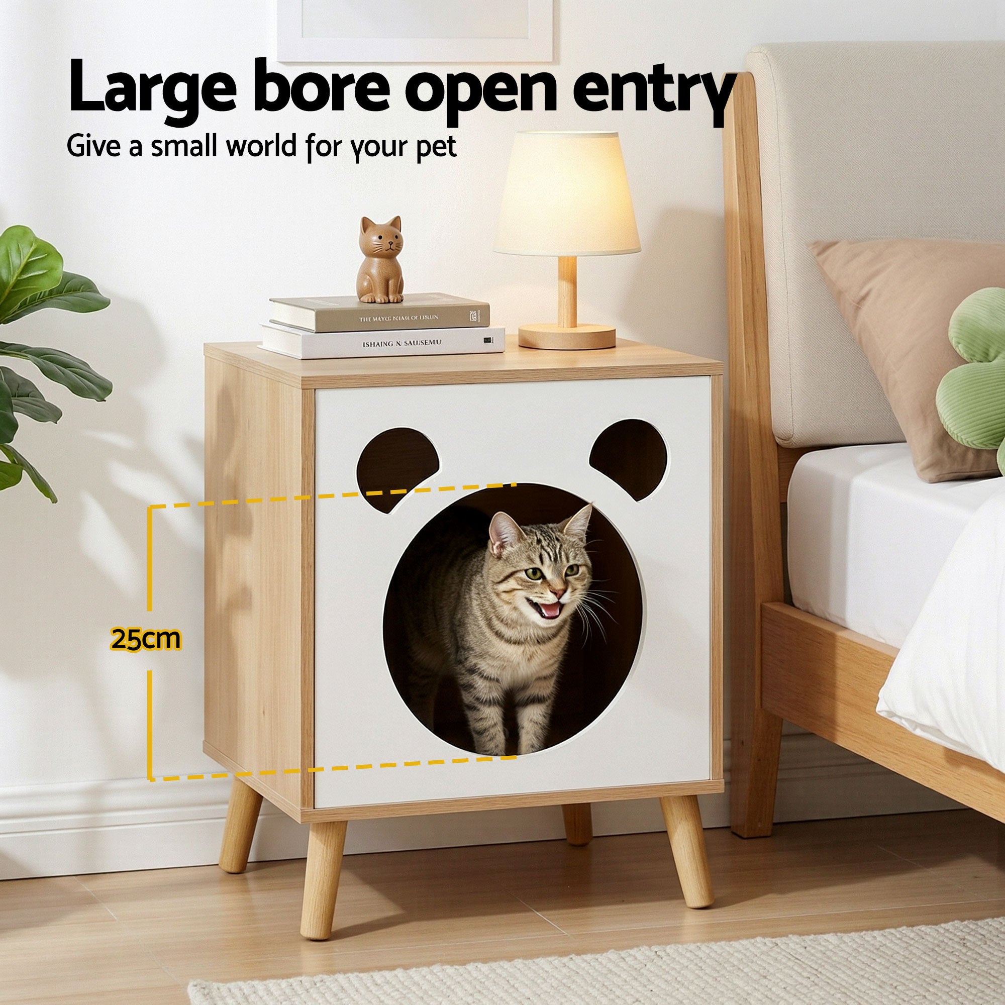 Cat Nest Bedside Table Solid Wood - Pine & White