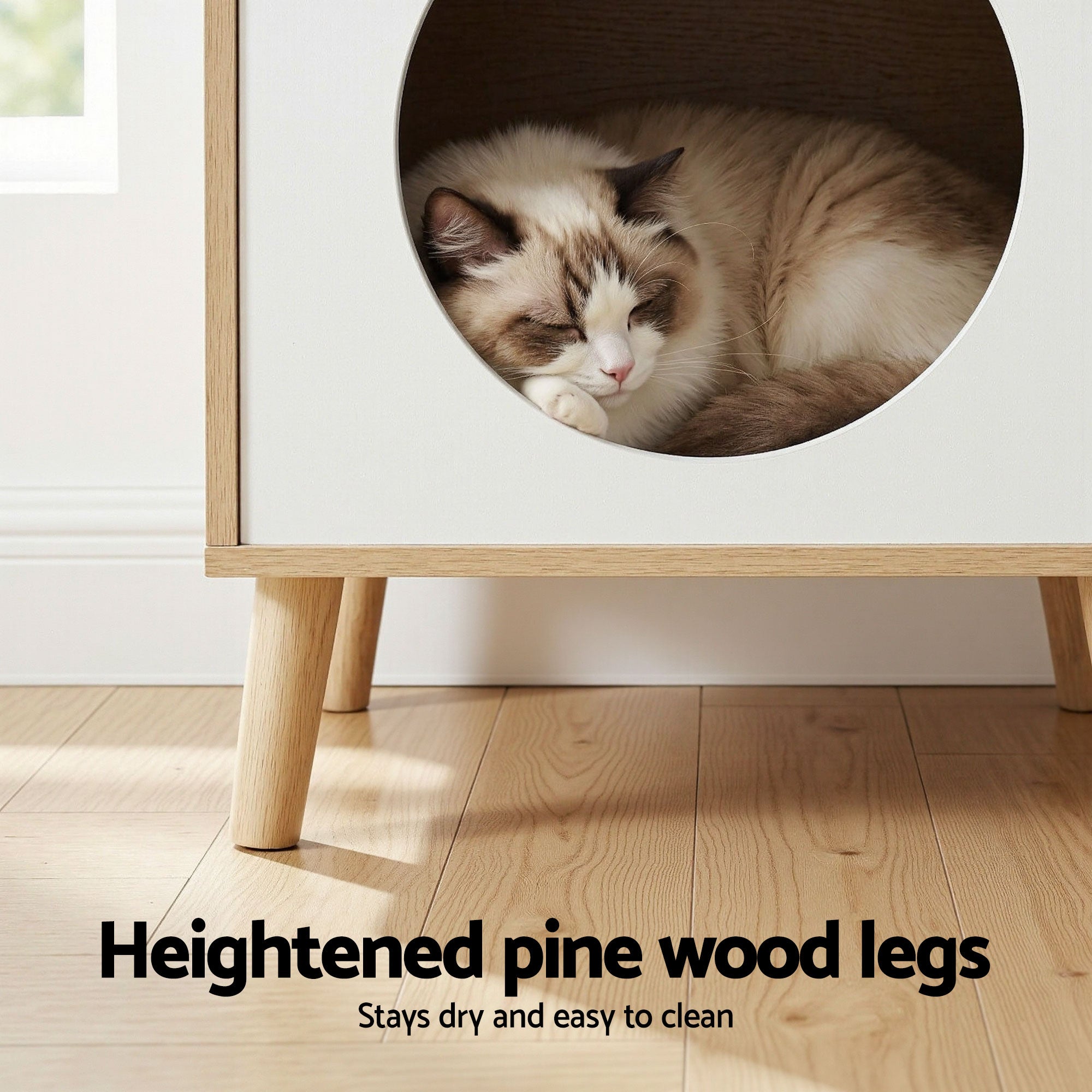 Cat Nest Bedside Table Solid Wood - Pine & White