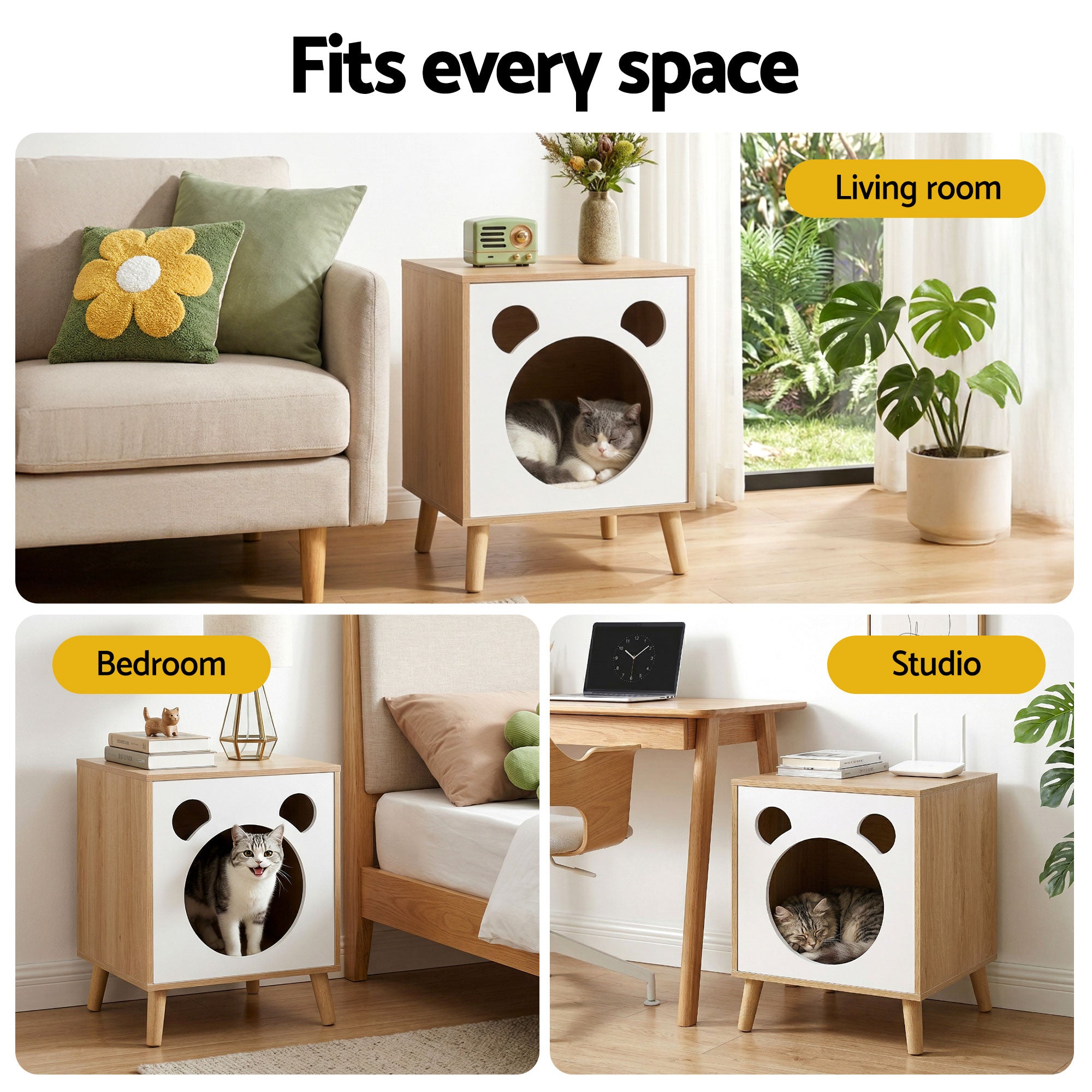 Cat Nest Bedside Table Solid Wood - Pine & White