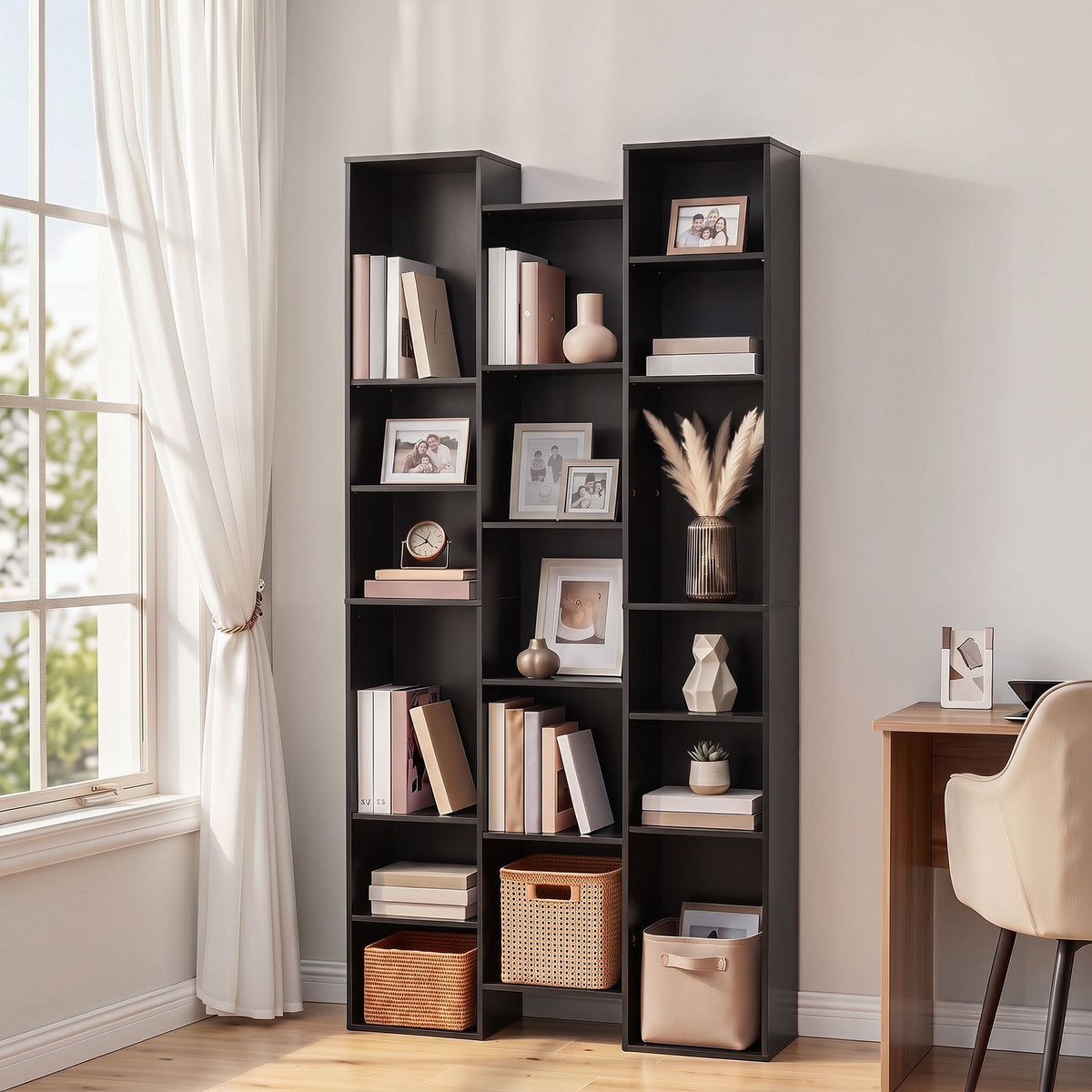 Tall 8-Tier Bookshelf Display Shelves with 21 Compartments for CD DVD Storage - Black