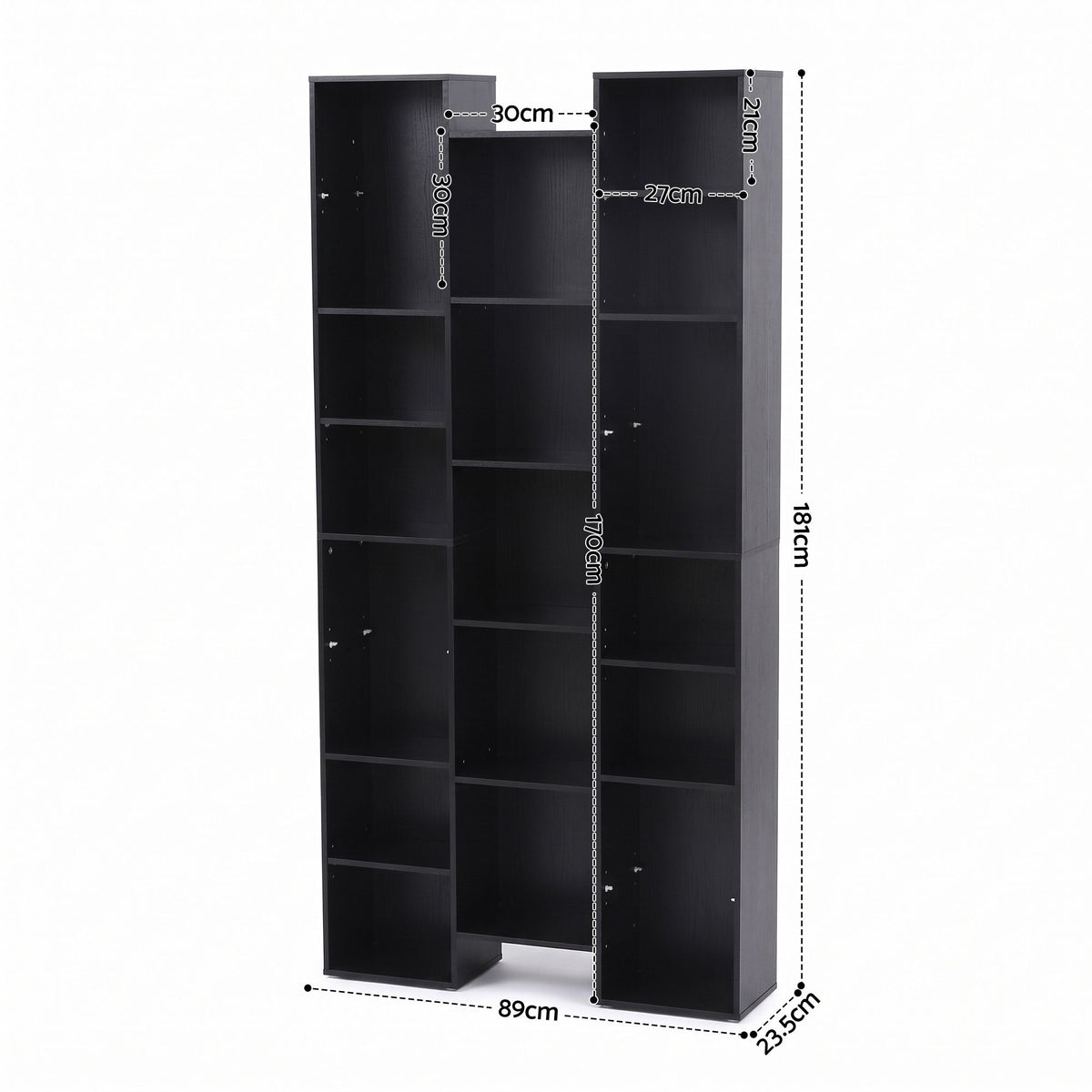 Tall 8-Tier Bookshelf Display Shelves with 21 Compartments for CD DVD Storage - Black