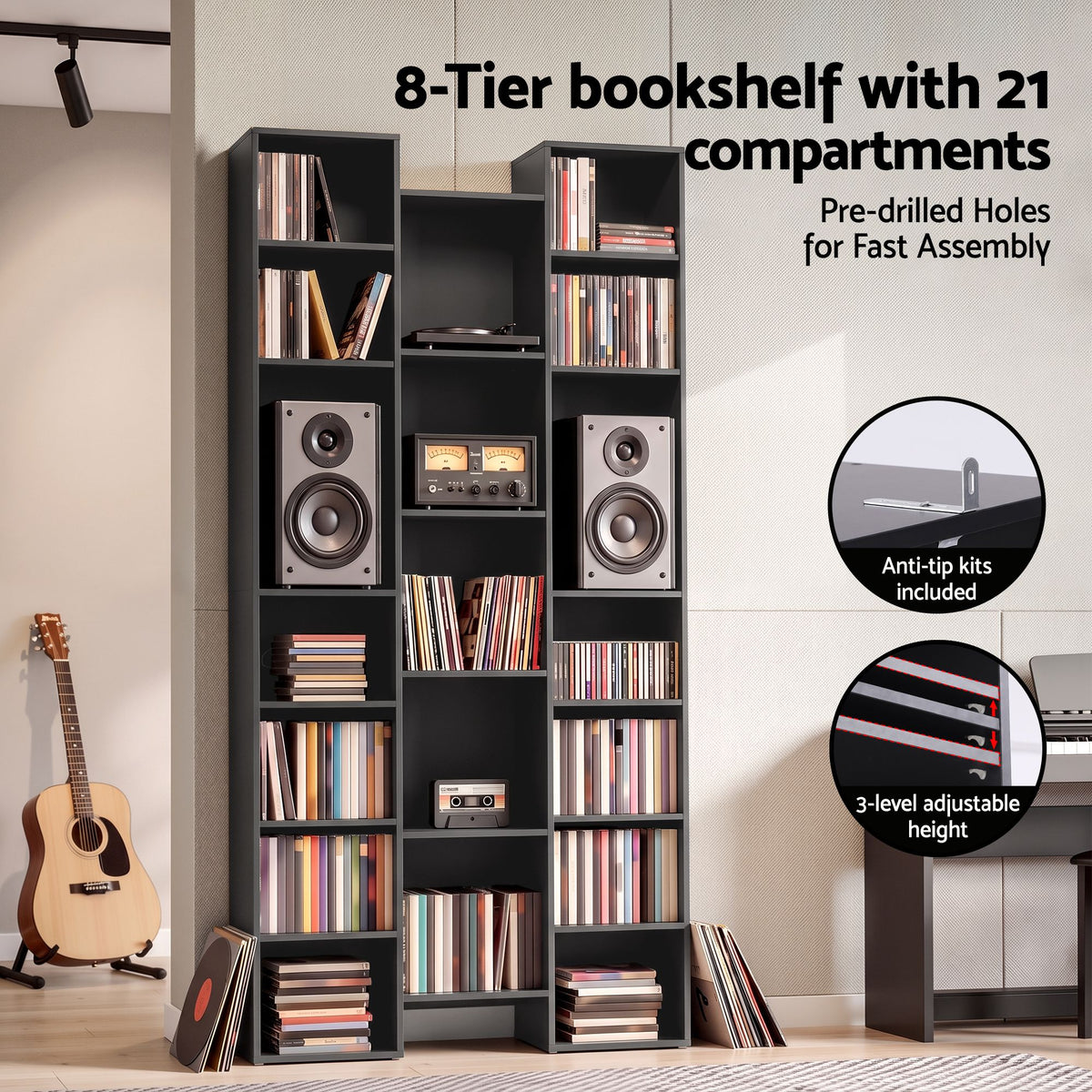 Tall 8-Tier Bookshelf Display Shelves with 21 Compartments for CD DVD Storage - Black