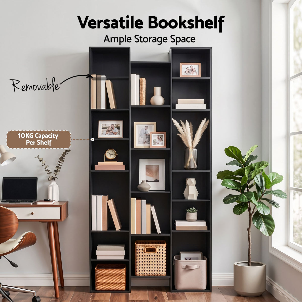 Tall 8-Tier Bookshelf Display Shelves with 21 Compartments for CD DVD Storage - Black