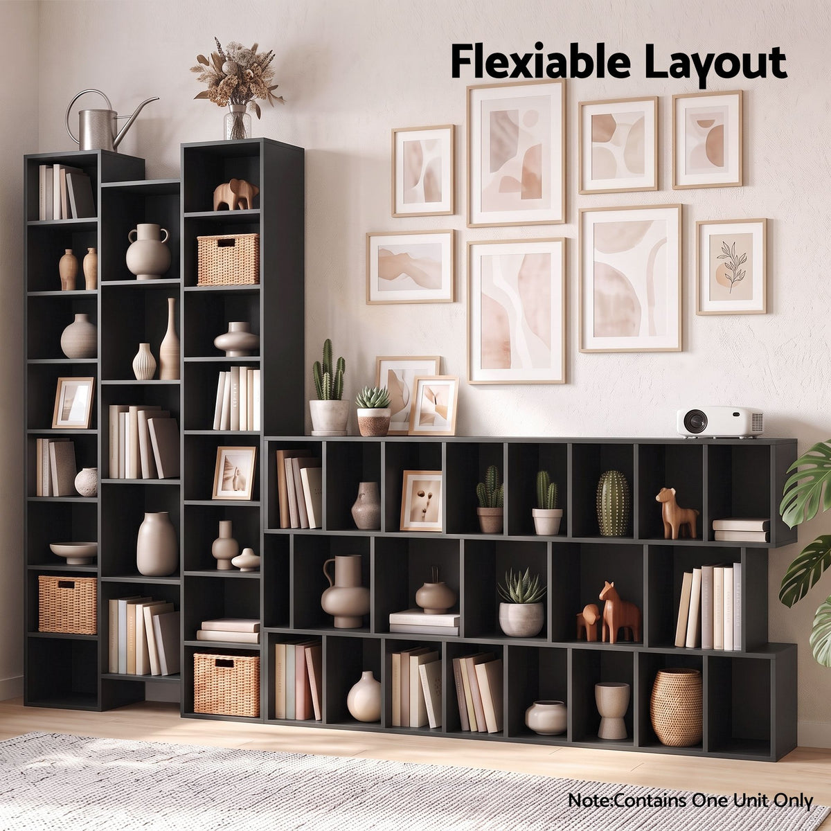 Tall 8-Tier Bookshelf Display Shelves with 21 Compartments for CD DVD Storage - Black
