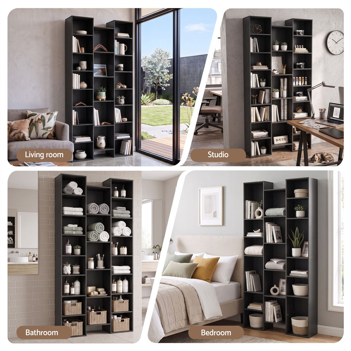 Tall 8-Tier Bookshelf Display Shelves with 21 Compartments for CD DVD Storage - Black