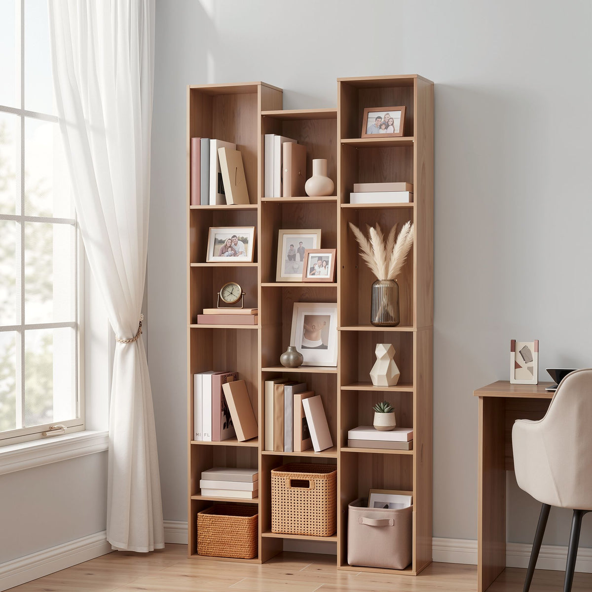 Tall 8-Tier Bookshelf Display Shelves CD DVD Storage Rack - Oak
