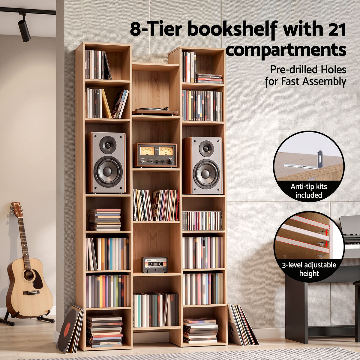 Tall 8-Tier Bookshelf Display Shelves CD DVD Storage Rack - Oak