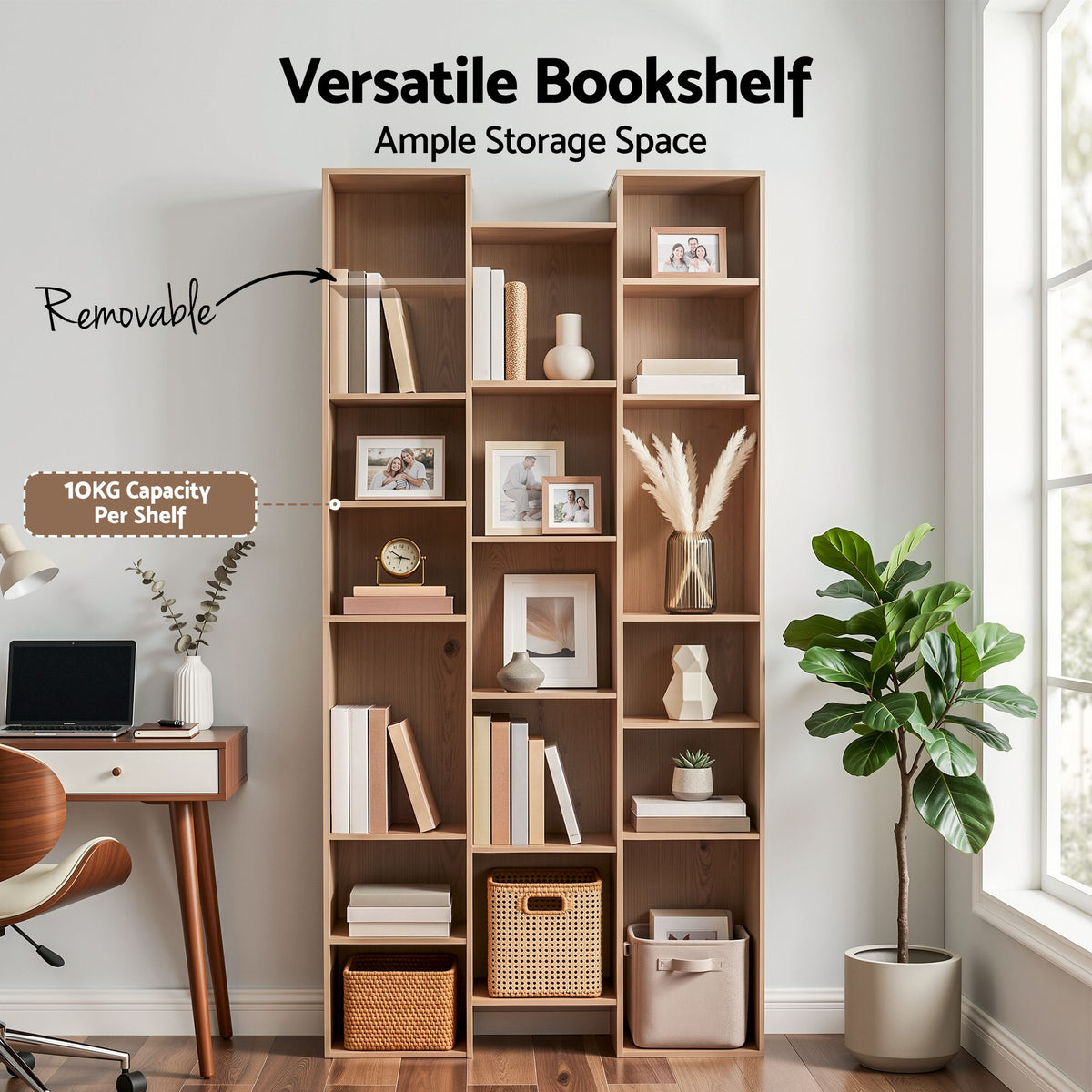 Tall 8-Tier Bookshelf Display Shelves CD DVD Storage Rack - Oak