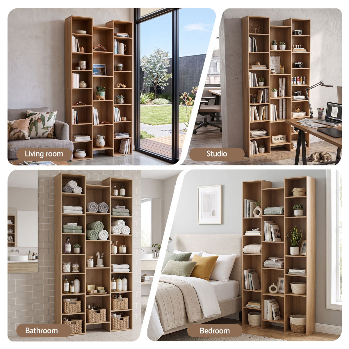 Tall 8-Tier Bookshelf Display Shelves CD DVD Storage Rack - Oak
