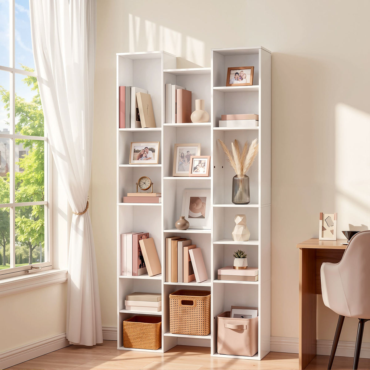 Tall 8-Tier Bookshelf Display Shelves with Adjustable Storage - White