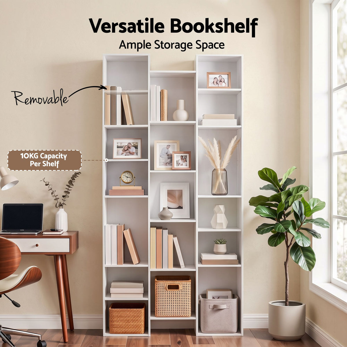 Tall 8-Tier Bookshelf Display Shelves with Adjustable Storage - White