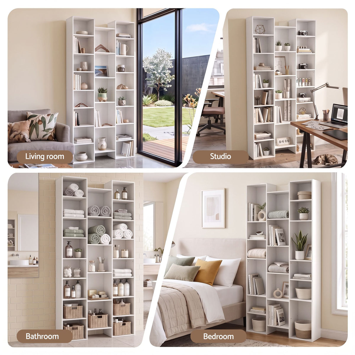 Tall 8-Tier Bookshelf Display Shelves with Adjustable Storage - White