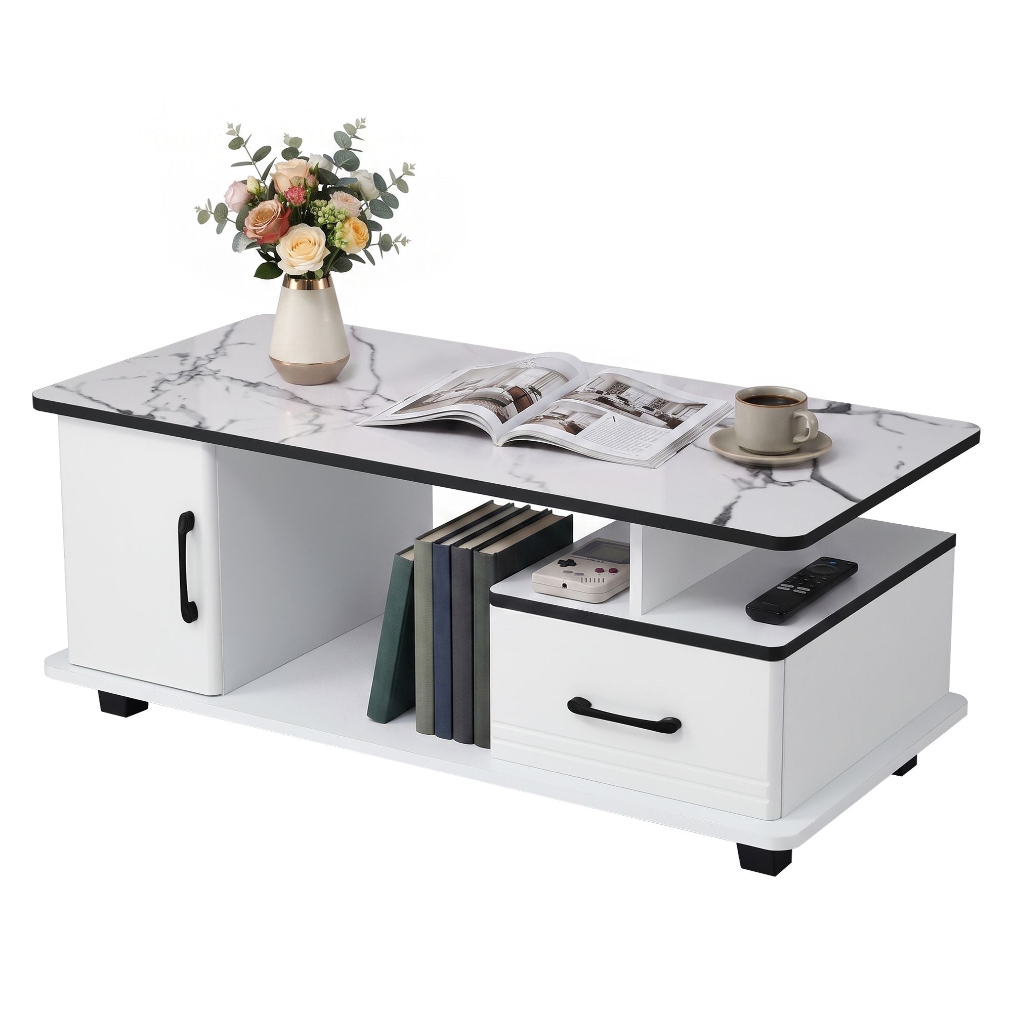 Coffee Table Marble Finish with Storage Drawer and Cabinet 100x48x41cm - White