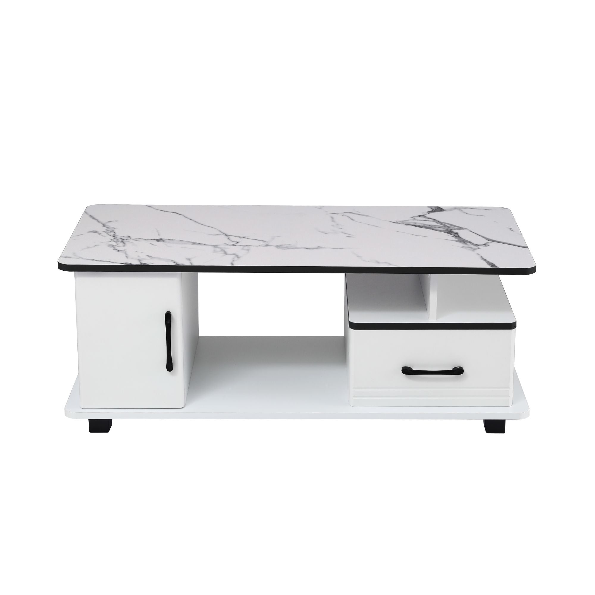 Coffee Table Marble Finish with Storage Drawer and Cabinet 100x48x41cm - White
