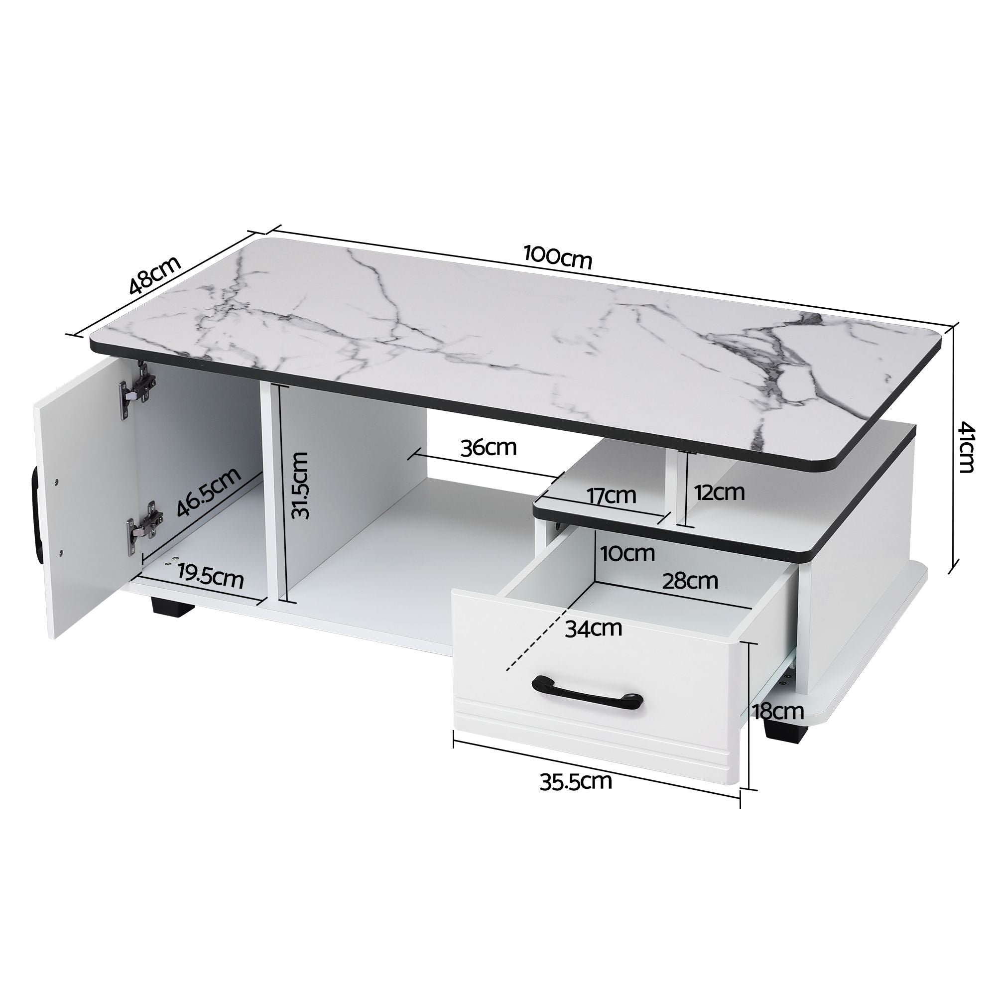 Coffee Table Marble Finish with Storage Drawer and Cabinet 100x48x41cm - White