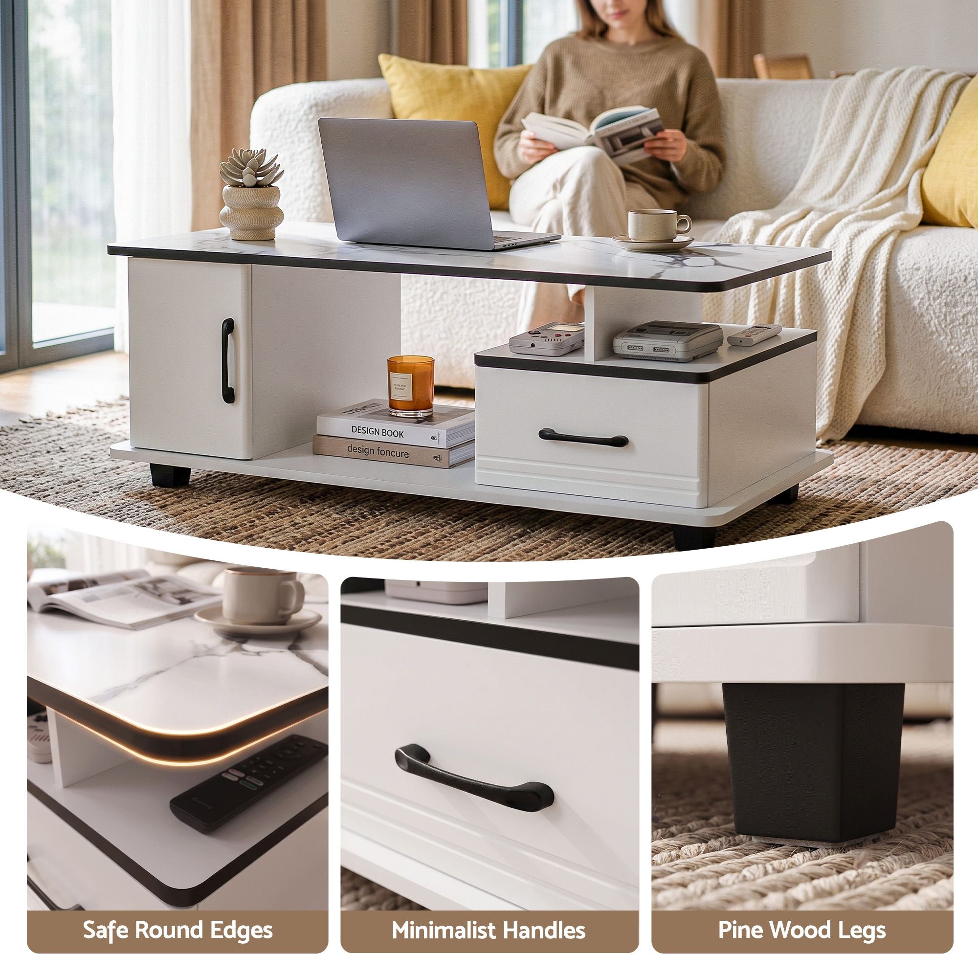 Coffee Table Marble Finish with Storage Drawer and Cabinet 100x48x41cm - White
