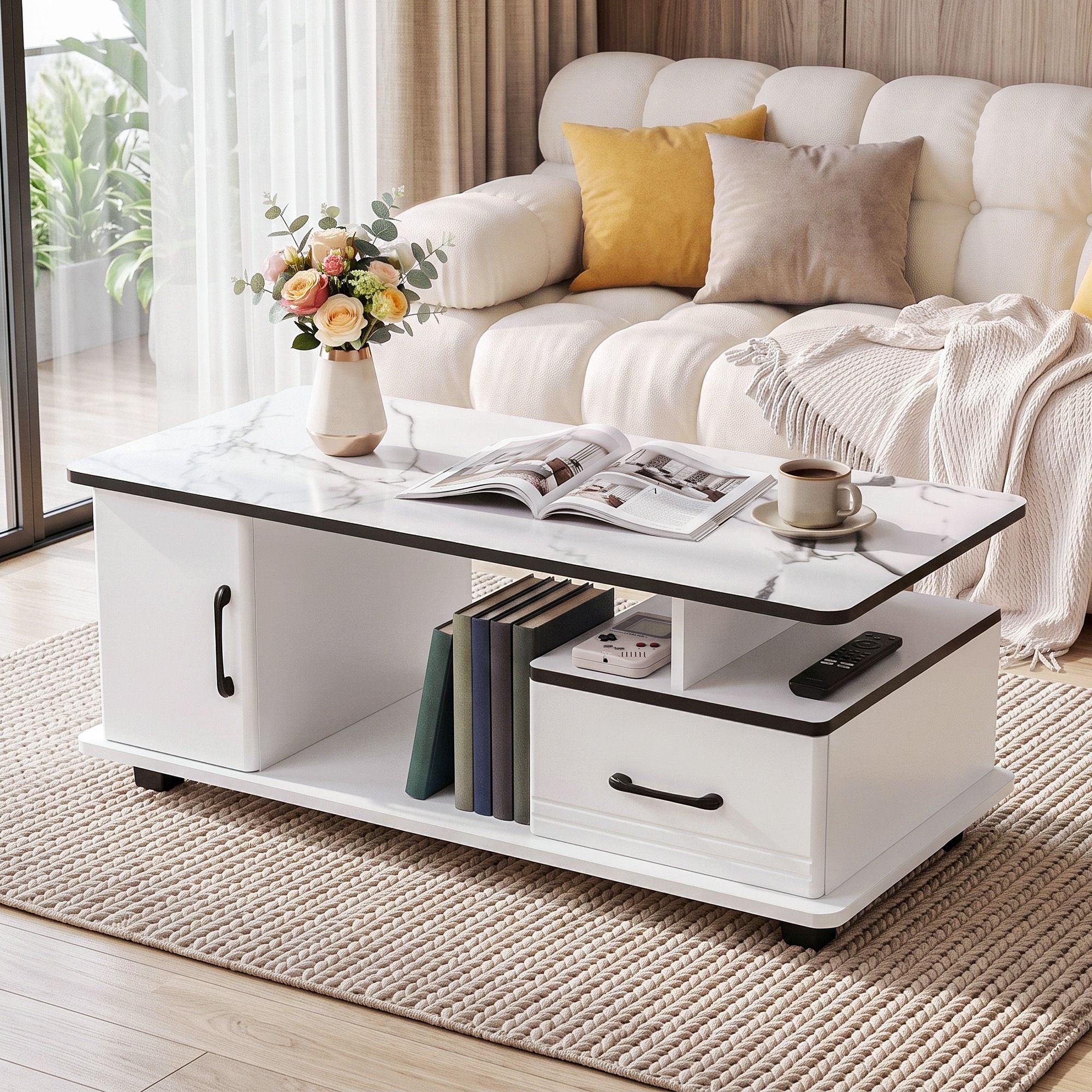 Coffee Table Marble Finish with Storage Drawer and Cabinet 100x48x41cm - White