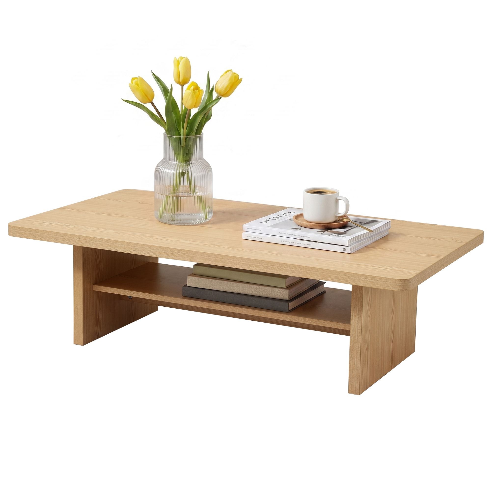 Coffee Table 110cm Center Table with 2-Tier Open Storage Shelf - Pine