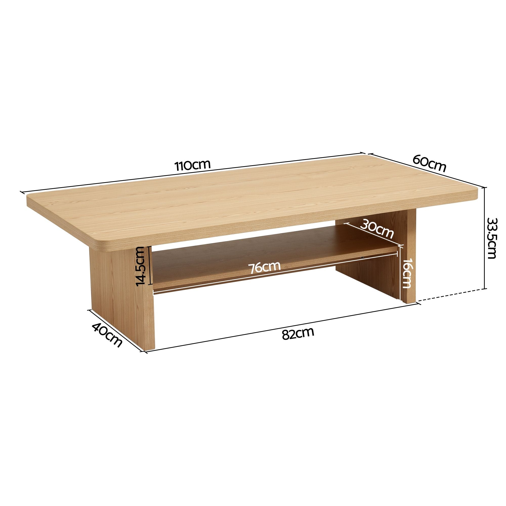 Coffee Table 110cm Center Table with 2-Tier Open Storage Shelf - Pine