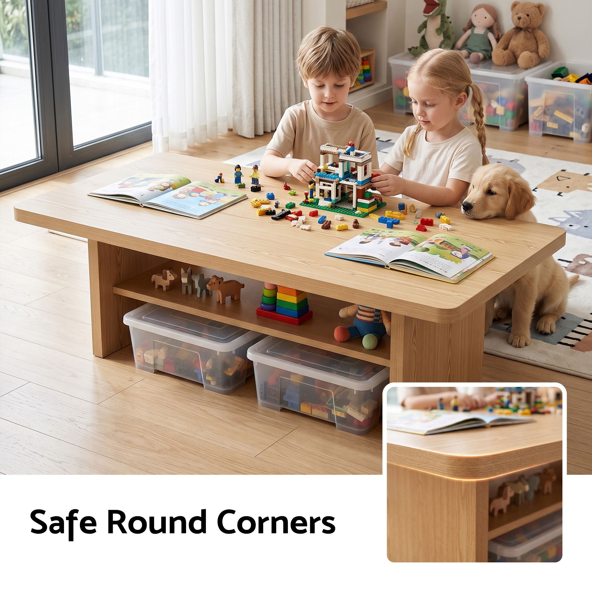 Coffee Table 110cm Center Table with 2-Tier Open Storage Shelf - Pine