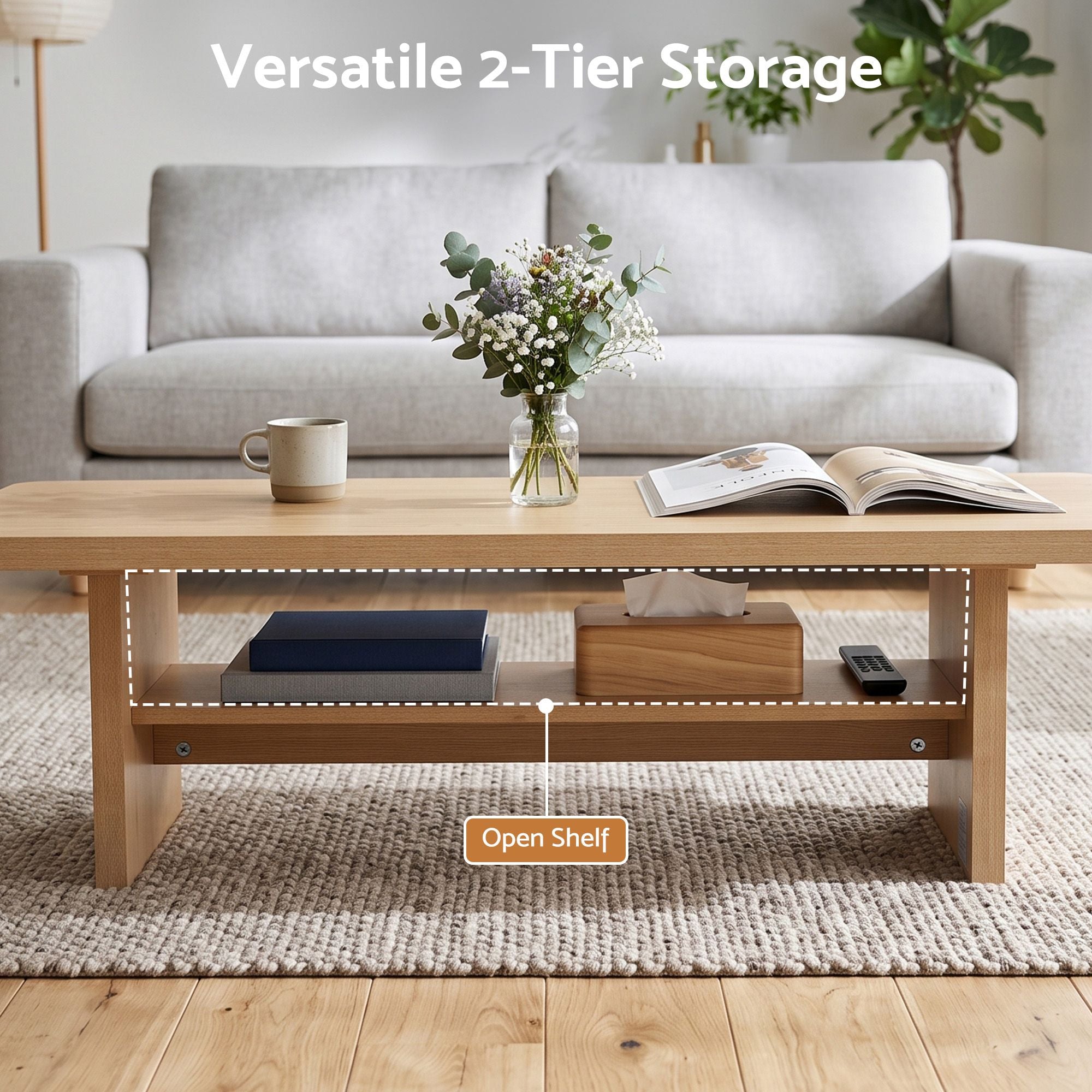 Coffee Table 110cm Center Table with 2-Tier Open Storage Shelf - Pine