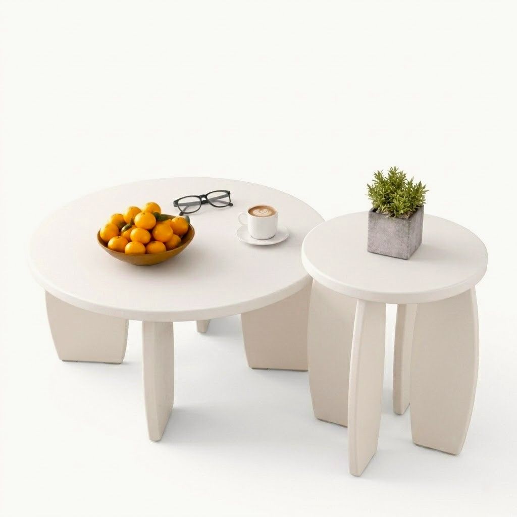 Coffee Table Set of 2 High Gloss Round Side Bedside Table Wood Living Room Cream