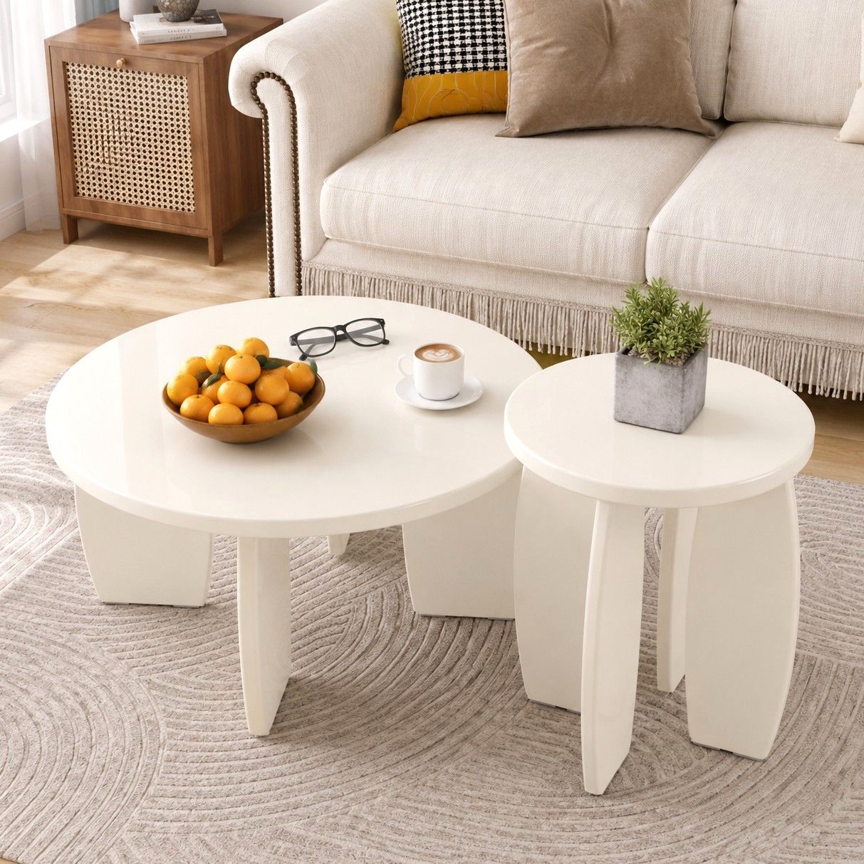 Coffee Table Set of 2 High Gloss Round Side Bedside Table Wood Living Room Cream