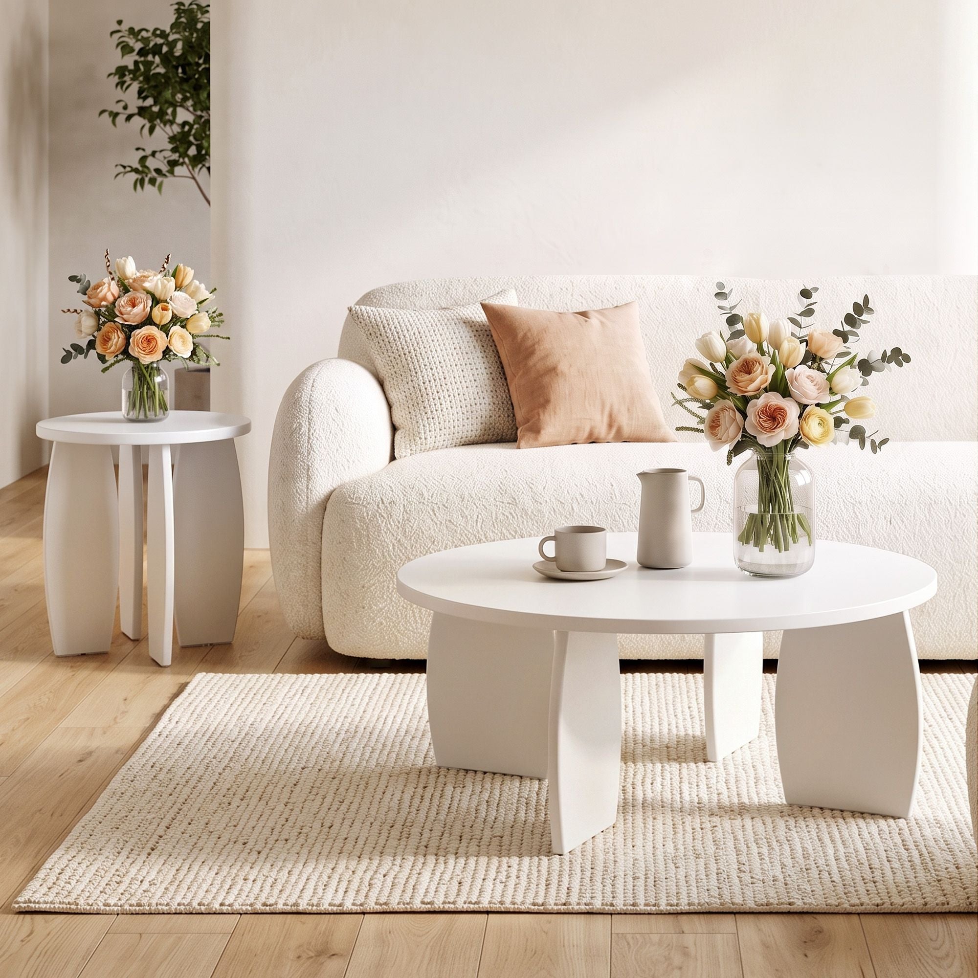 Round End Table High-Gloss Small Coffee Table Side Bedside Nightstand 40x45cm Cream white