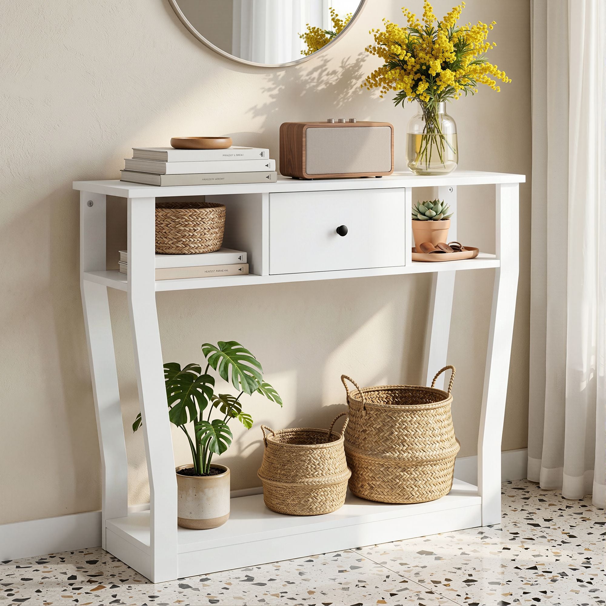 Console Table with Drawer and Shelves 100cm for Entryway Hallway Sofa Side - White