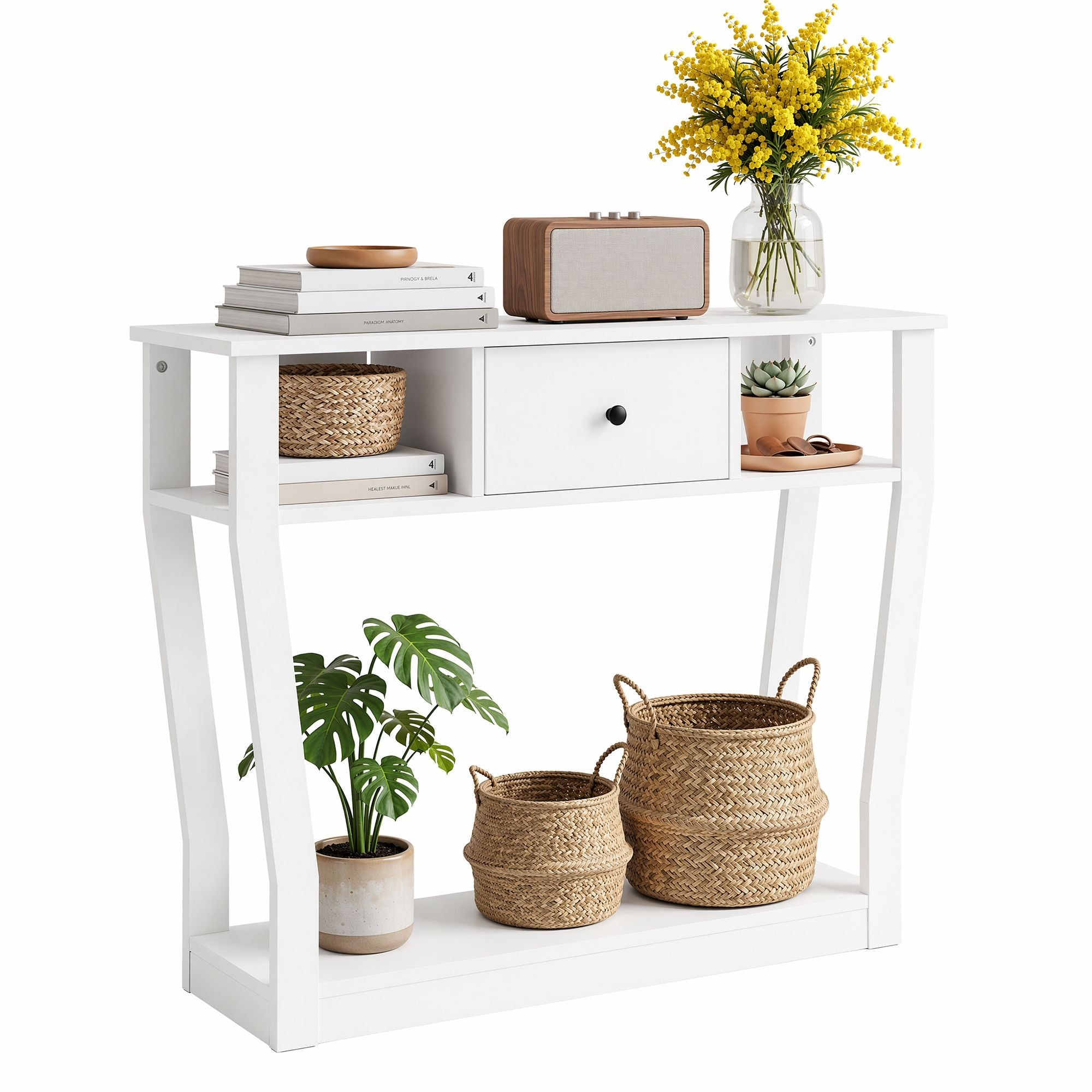 Console Table with Drawer and Shelves 100cm for Entryway Hallway Sofa Side - White