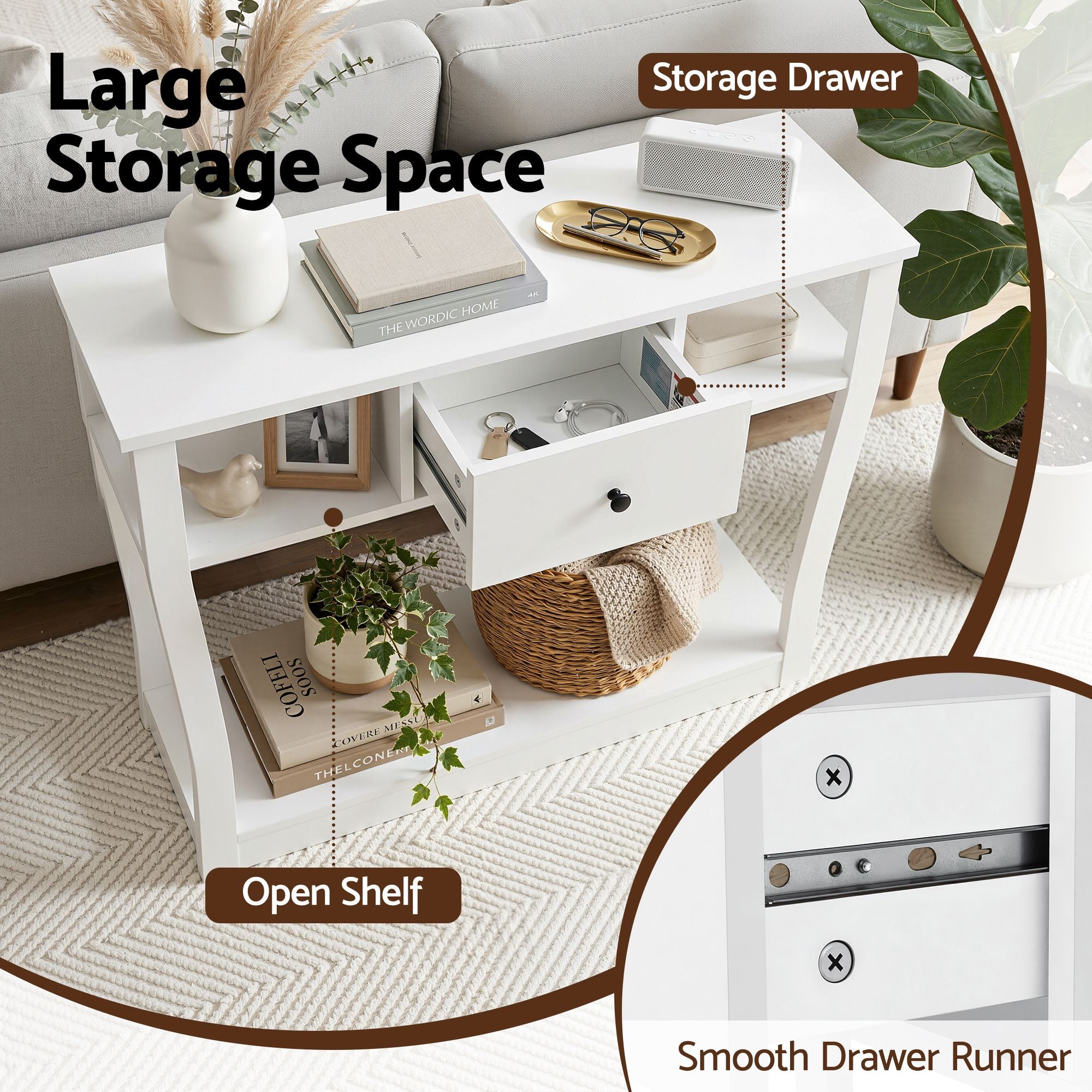 Console Table with Drawer and Shelves 100cm for Entryway Hallway Sofa Side - White