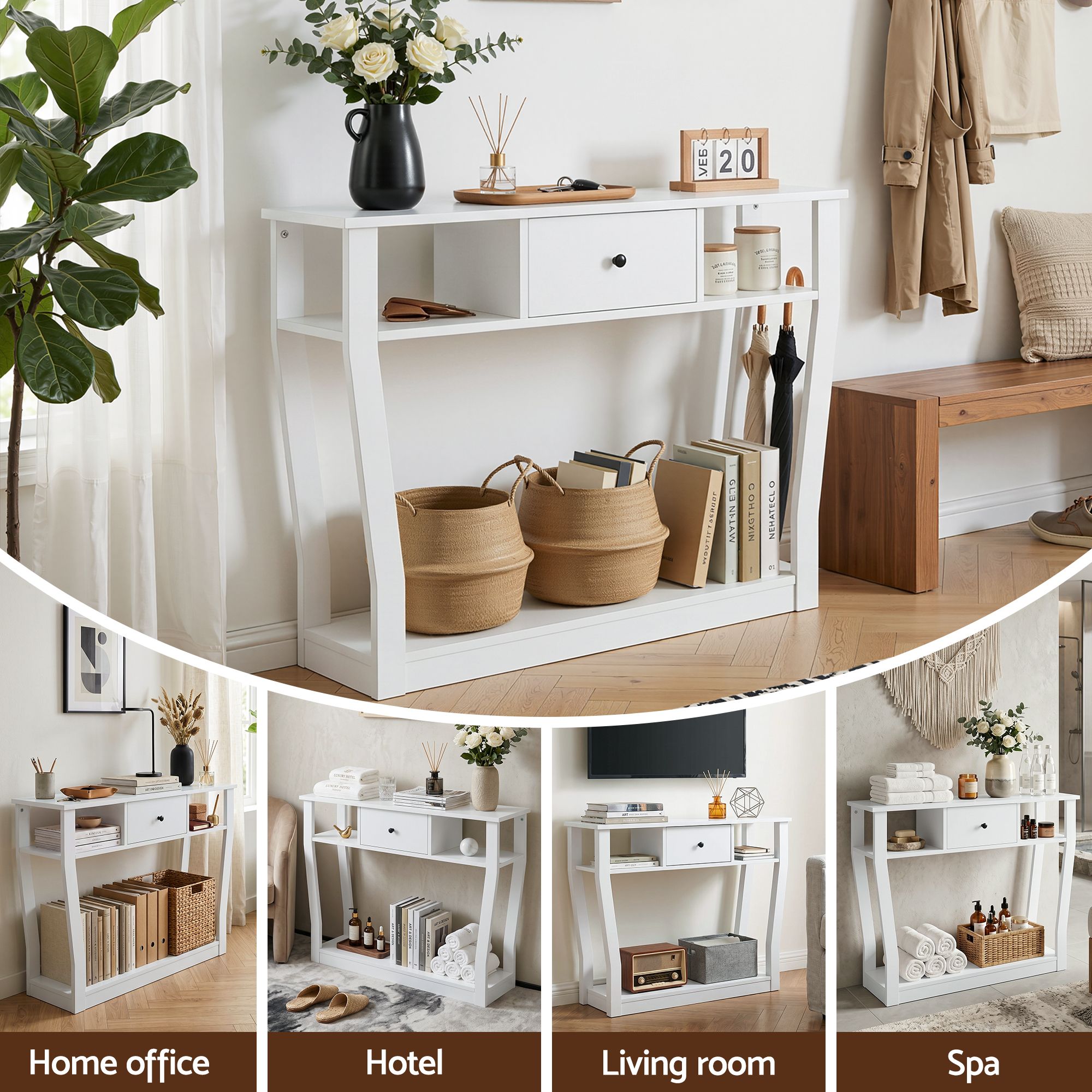 Console Table with Drawer and Shelves 100cm for Entryway Hallway Sofa Side - White
