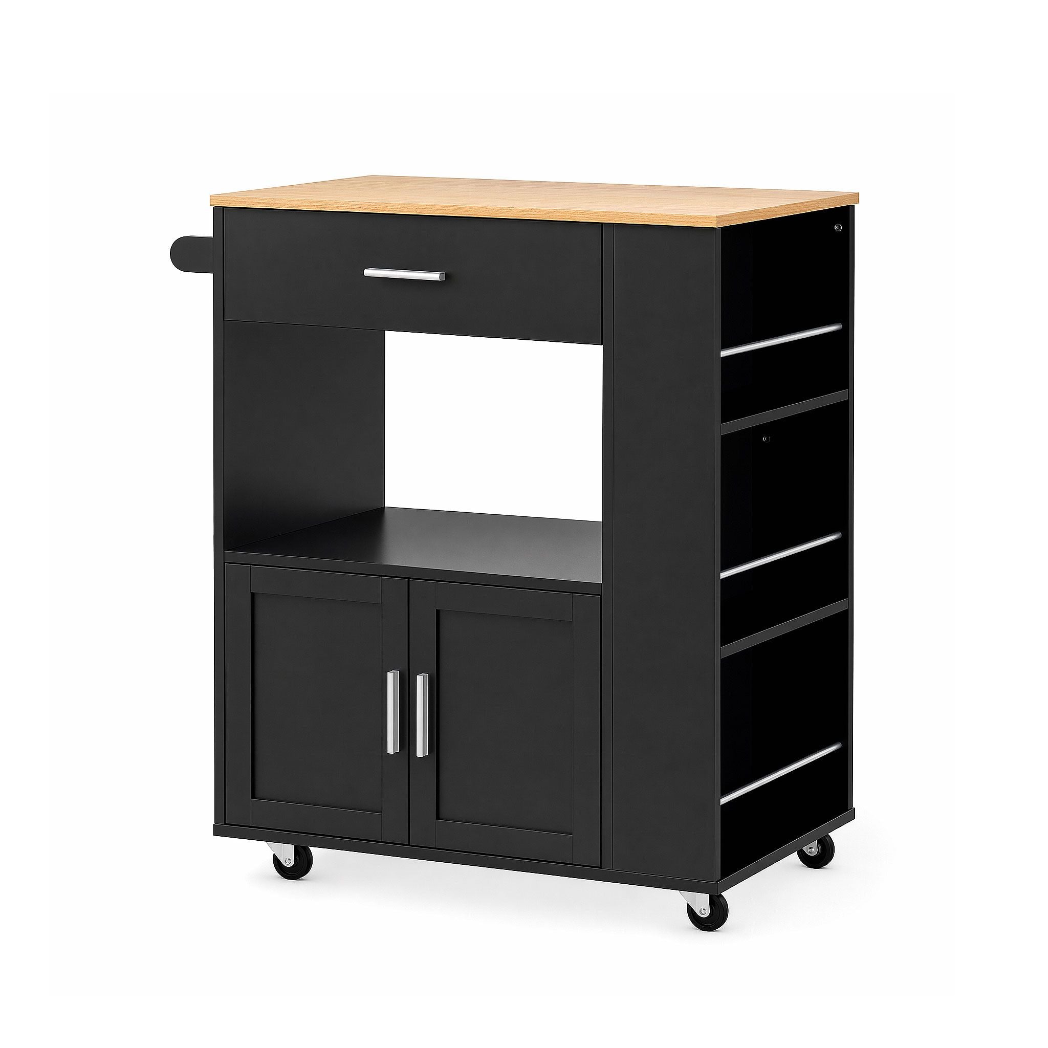 Kitchen Island Trolley with Rolling Serving Cart, Storage Shelf, and Towel Rack - White Pine