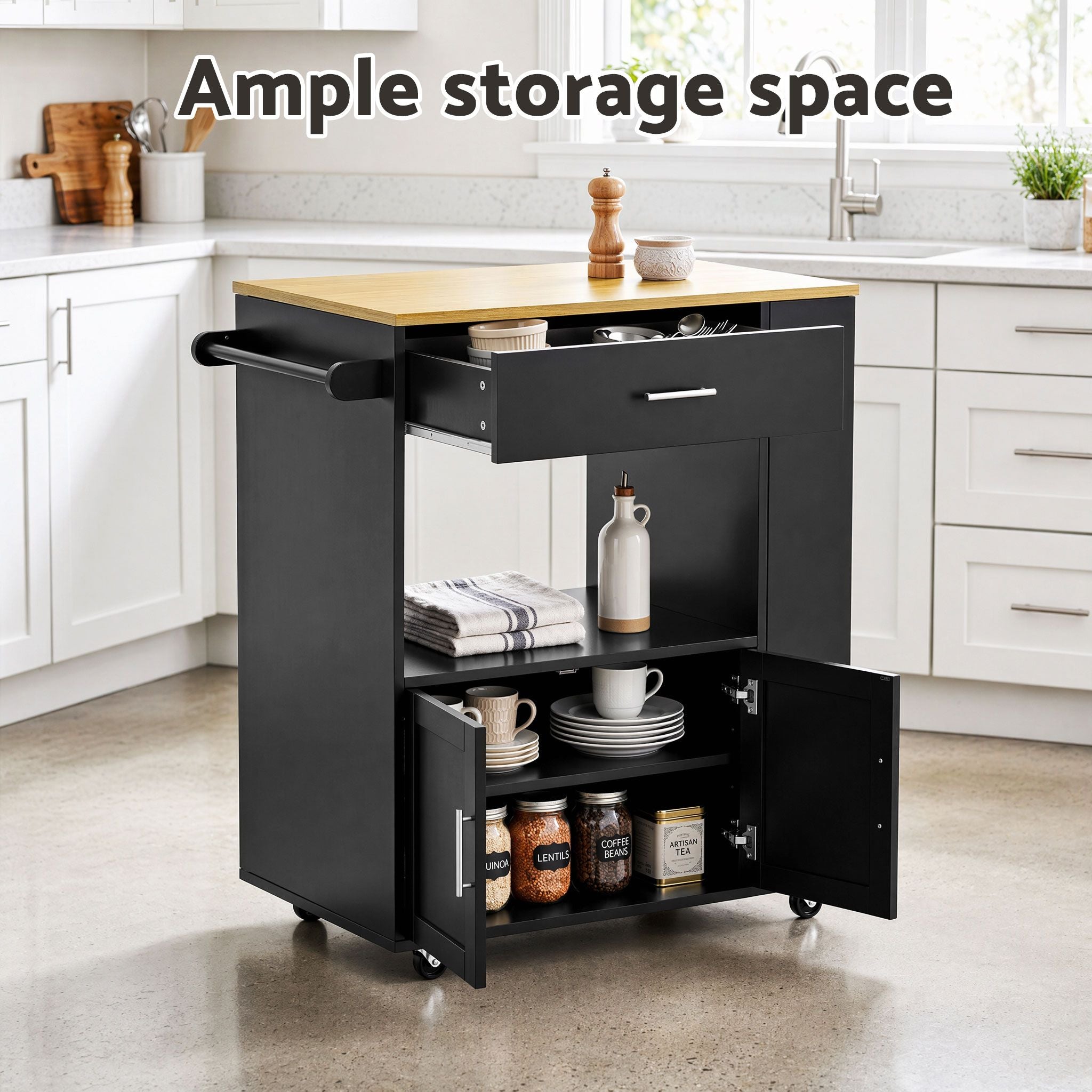 Kitchen Island Trolley with Rolling Serving Cart, Storage Shelf, and Towel Rack - White Pine