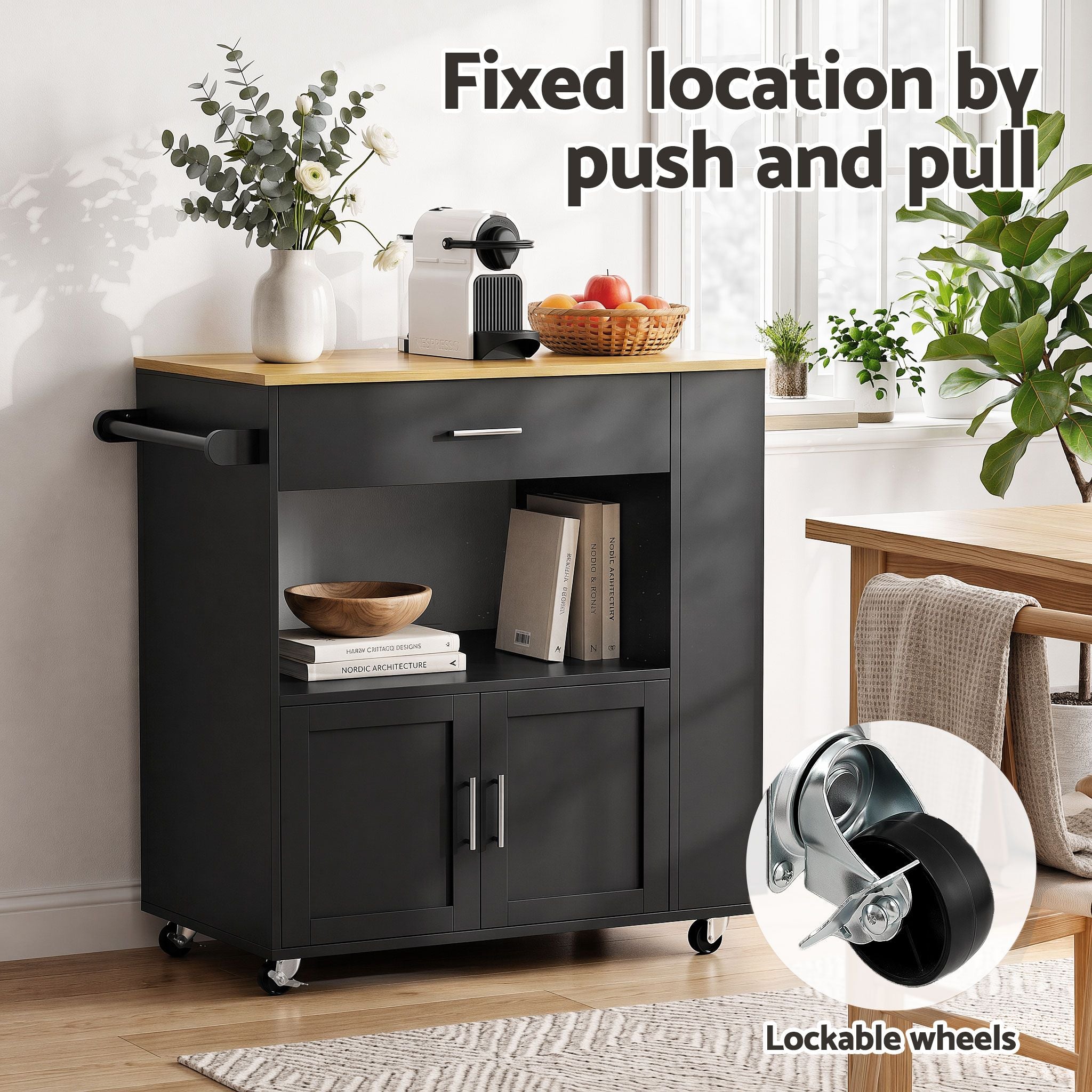 Kitchen Island Trolley with Rolling Serving Cart, Storage Shelf, and Towel Rack - White Pine