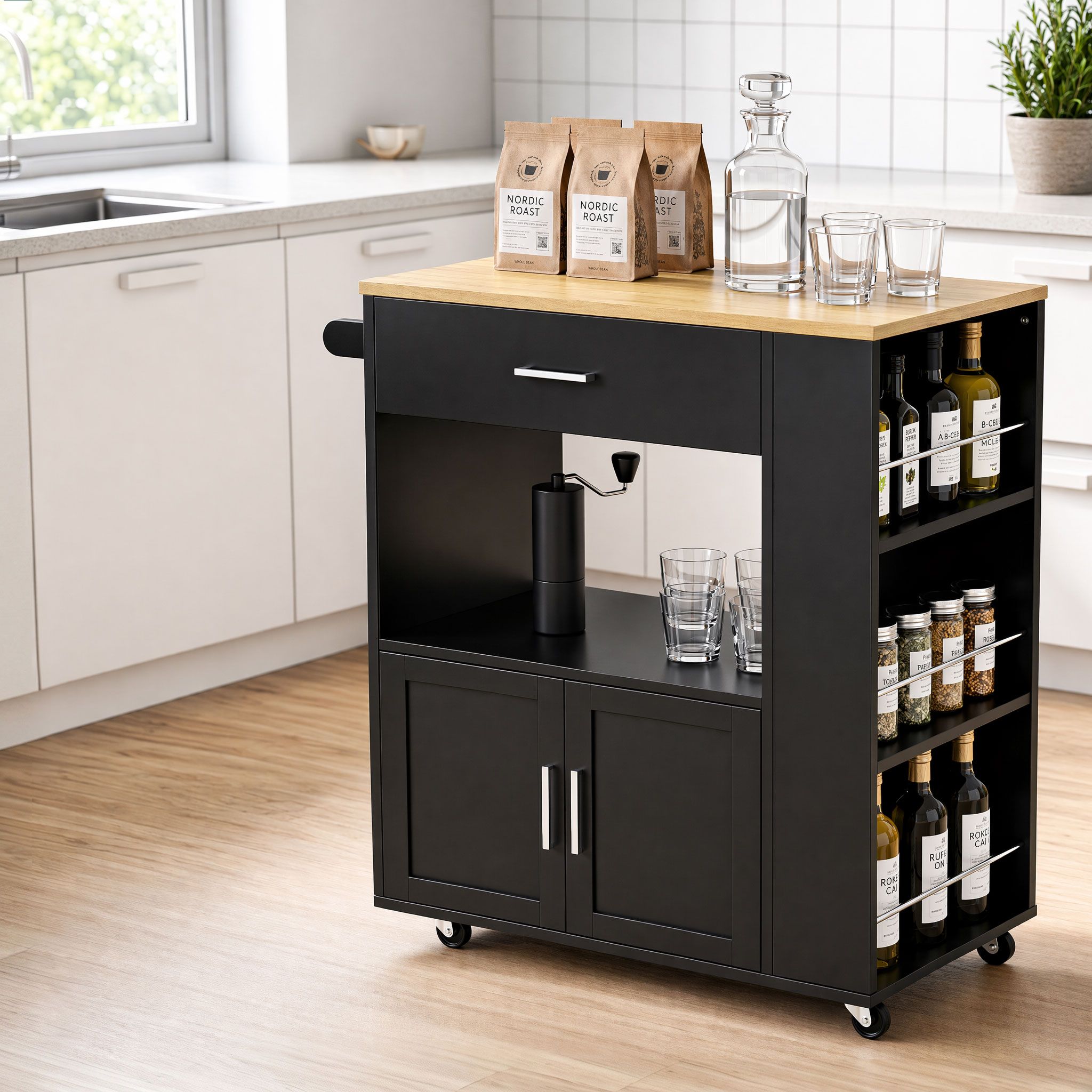 Kitchen Island Trolley with Rolling Serving Cart, Storage Shelf, and Towel Rack - White Pine