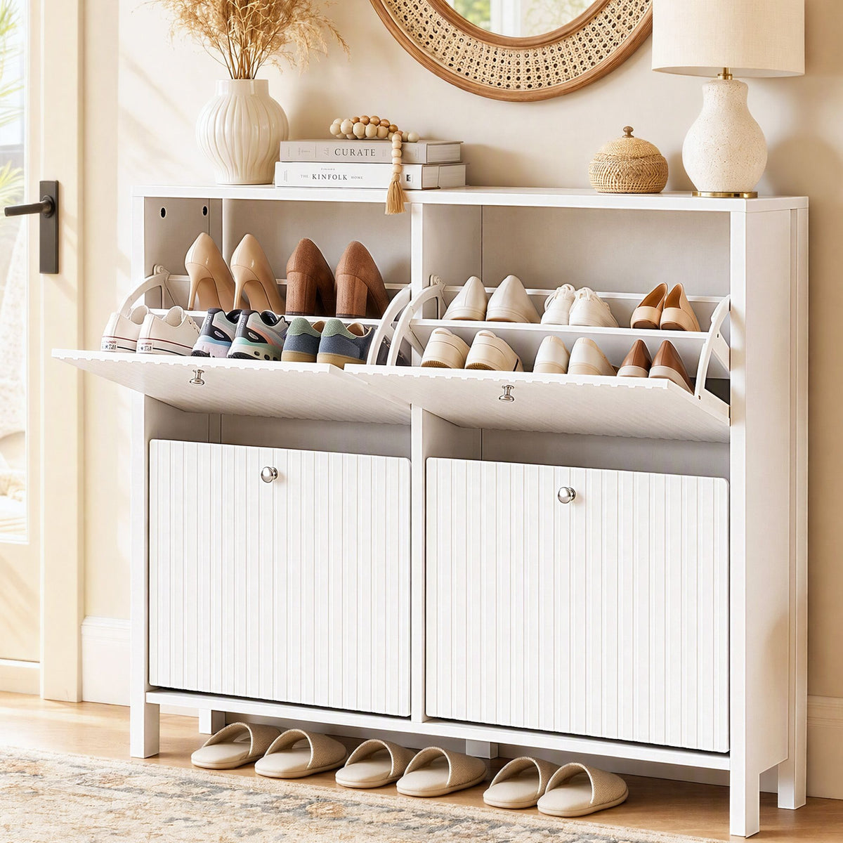 4 Flip-Drawer Shoe Cabinet with Fluted Front and Adjustable Shelves - White