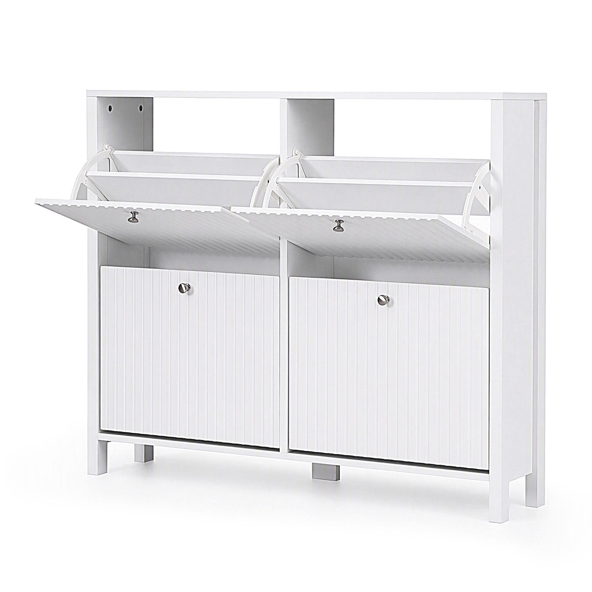 4 Flip-Drawer Shoe Cabinet with Fluted Front and Adjustable Shelves - White
