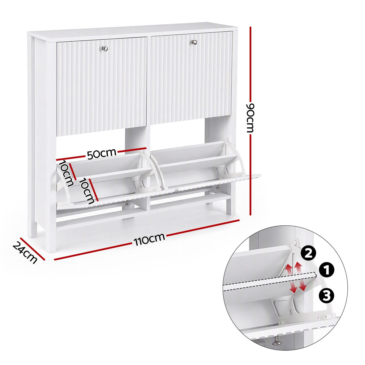4 Flip-Drawer Shoe Cabinet with Fluted Front and Adjustable Shelves - White