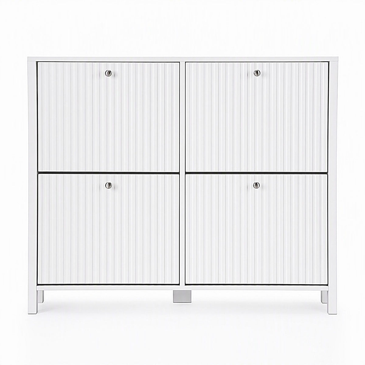 4 Flip-Drawer Shoe Cabinet with Fluted Front and Adjustable Shelves - White