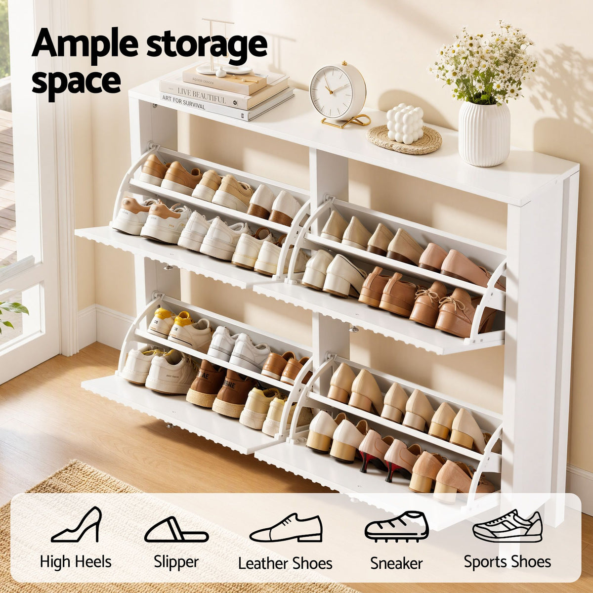 4 Flip-Drawer Shoe Cabinet with Fluted Front and Adjustable Shelves - White
